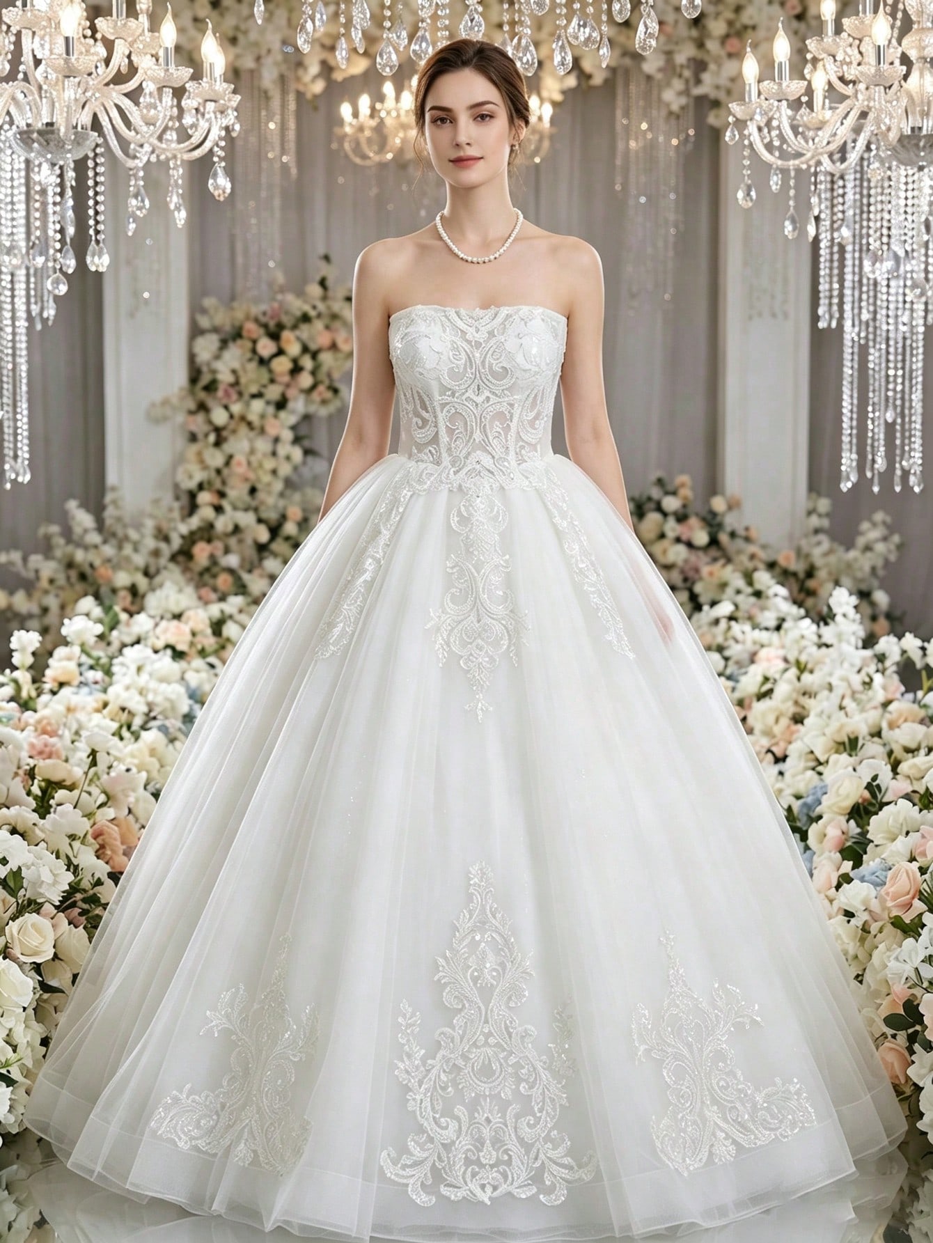 Elasola Robe de mariée blanche sans bretelles, jupe ample en dentelle lourde, paillettes — vue 7
