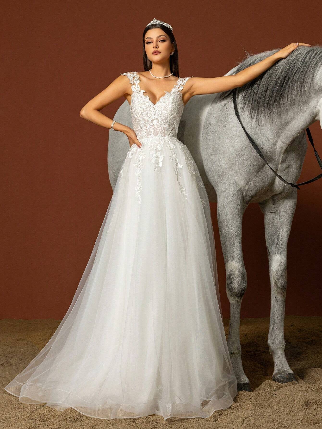 Elasola Robe de mariée blanche élégante de style bohème longue en forme de A, décorée — vue 7