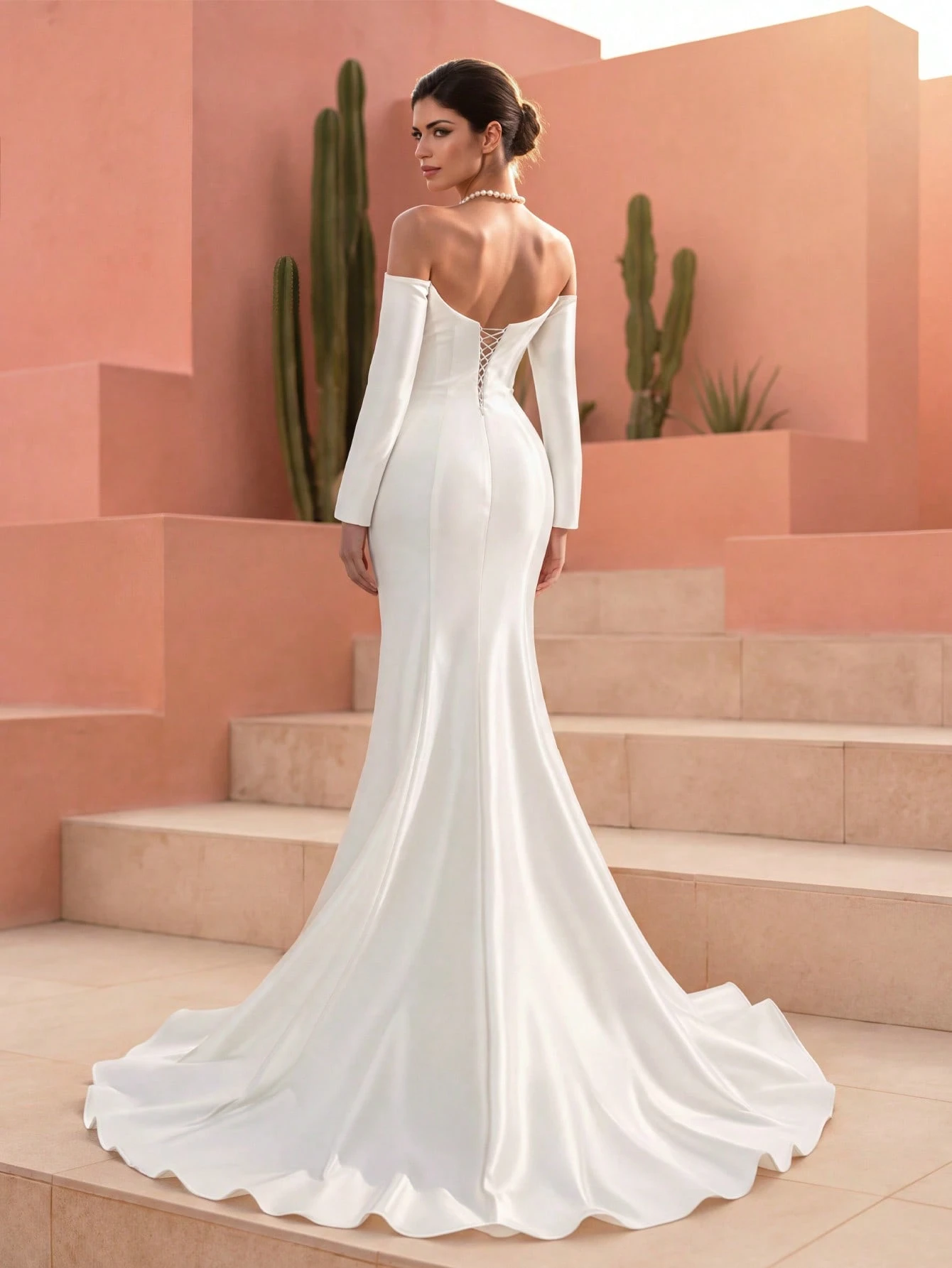 HEARBOBO Robe de mariée vintage romantique style sirène blanche avec épaules dénudées, — vue 2