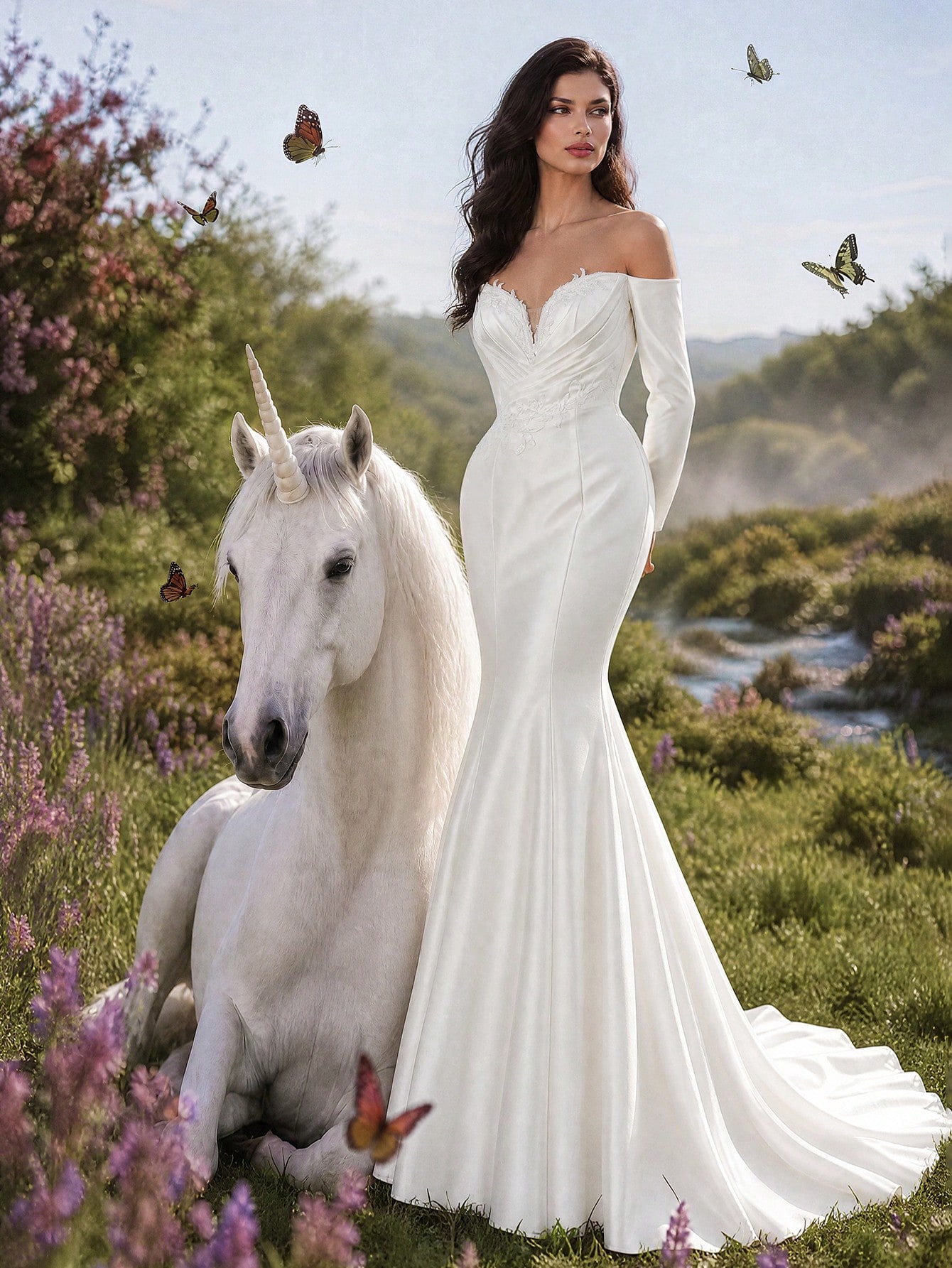 HEARBOBO Robe de mariée vintage romantique style sirène blanche avec épaules dénudées, — vue 6