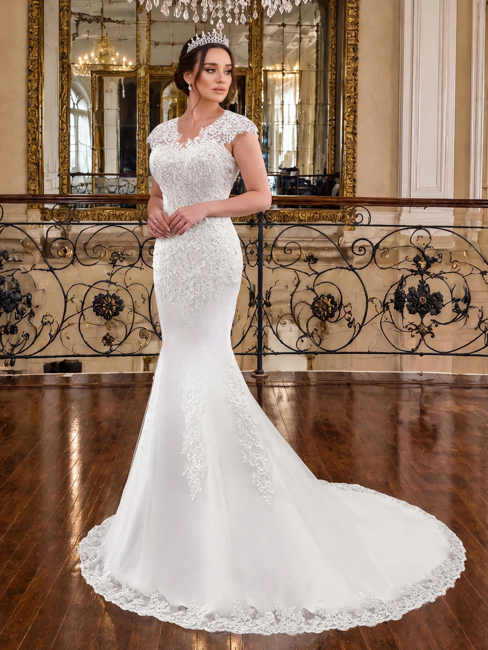 Robe de mariée sirène élégante en dentelle ivoire avec applique et perles à la main, — vue 2