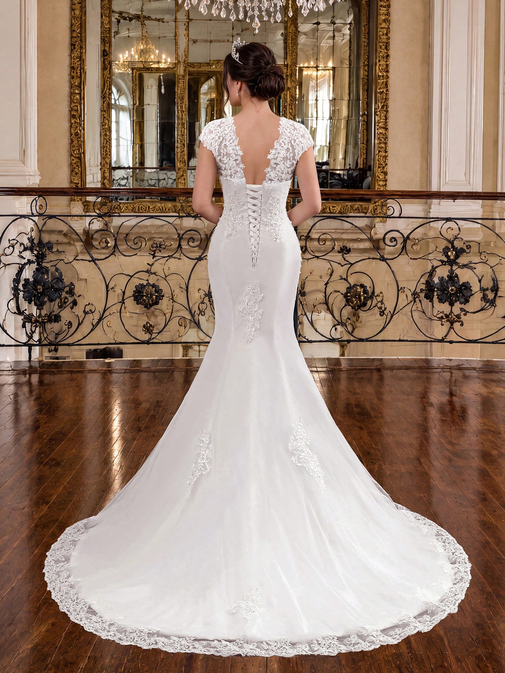 Robe de mariée sirène élégante en dentelle ivoire avec applique et perles à la main, — vue 4