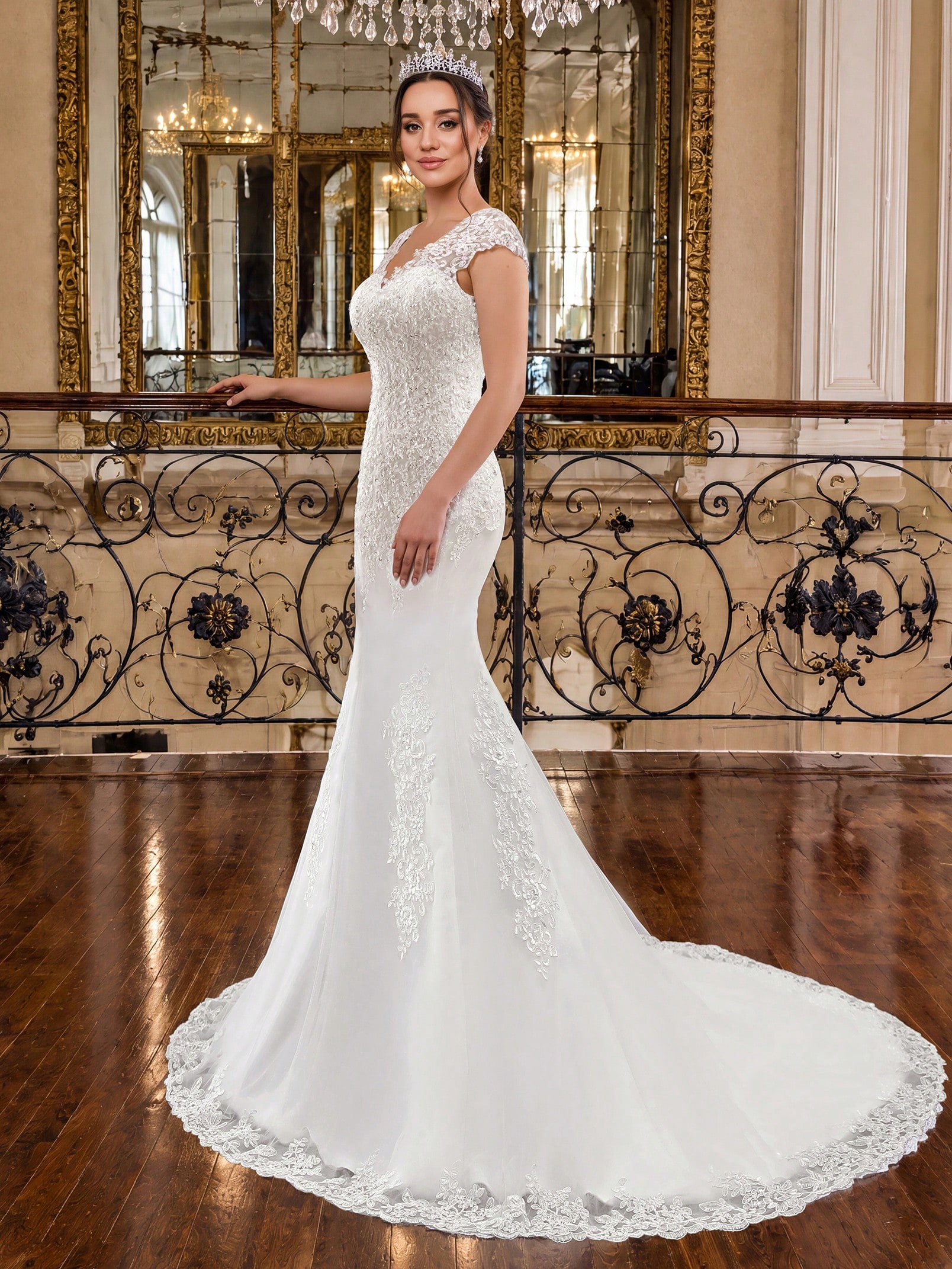 Robe de mariée sirène élégante en dentelle ivoire avec applique et perles à la main,