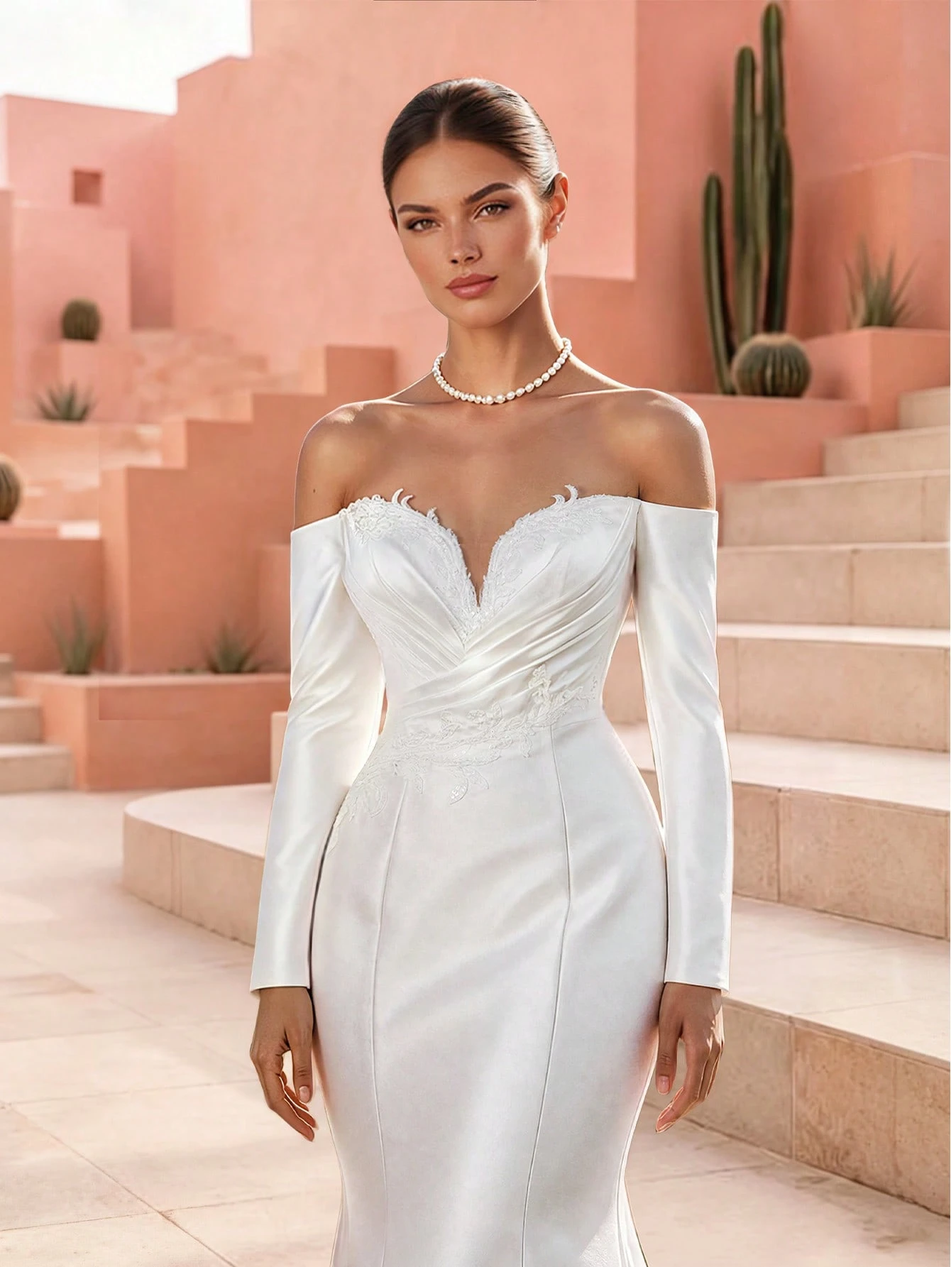 HEARBOBO Robe de mariée vintage romantique style sirène blanche avec épaules dénudées, — vue 3