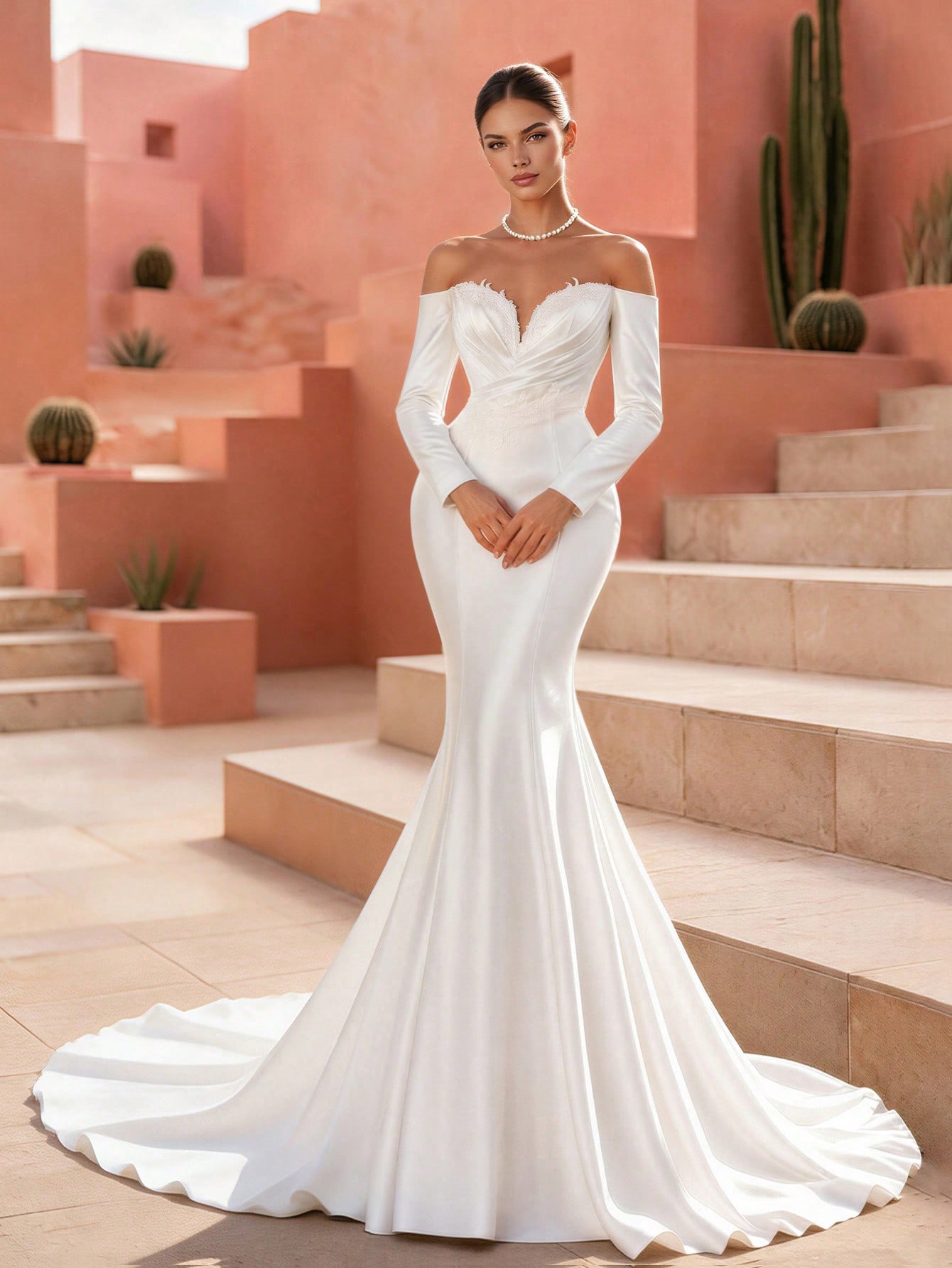 HEARBOBO Robe de mariée vintage romantique style sirène blanche avec épaules dénudées, — vue 9