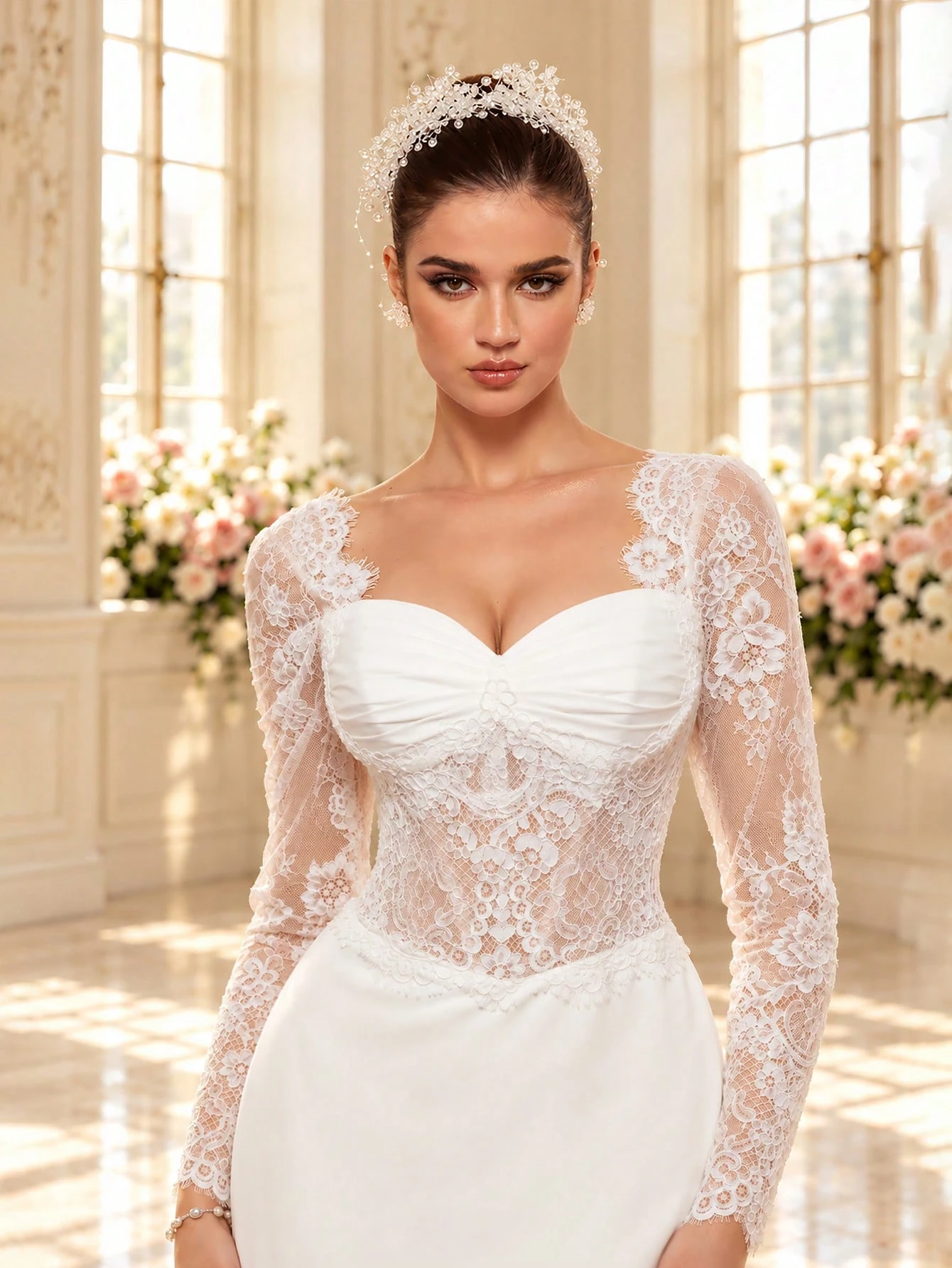 Robe de mariée de style palais de luxe en satin avec manches longues, col carré en — vue 2