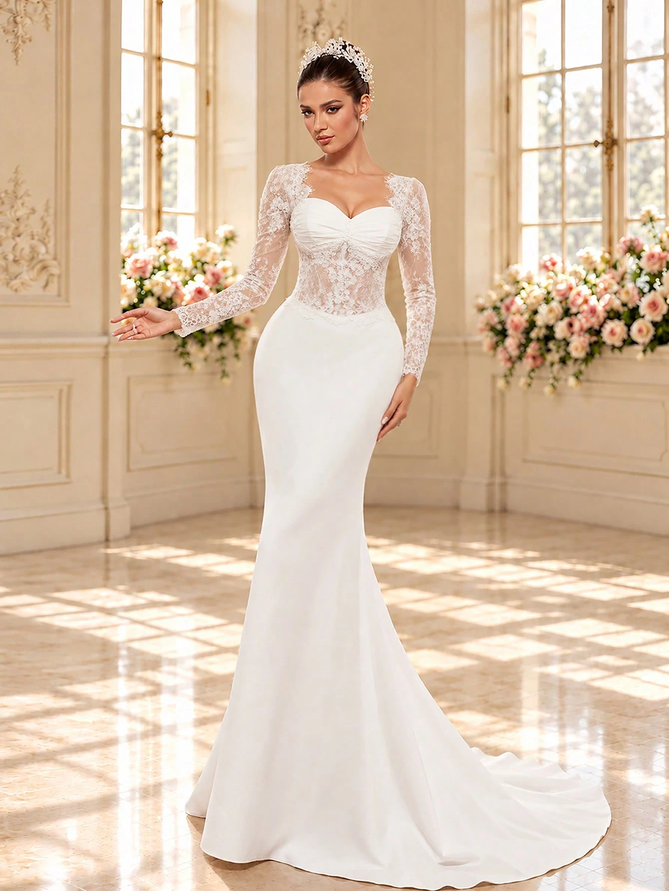Robe de mariée de style palais de luxe en satin avec manches longues, col carré en — vue 6