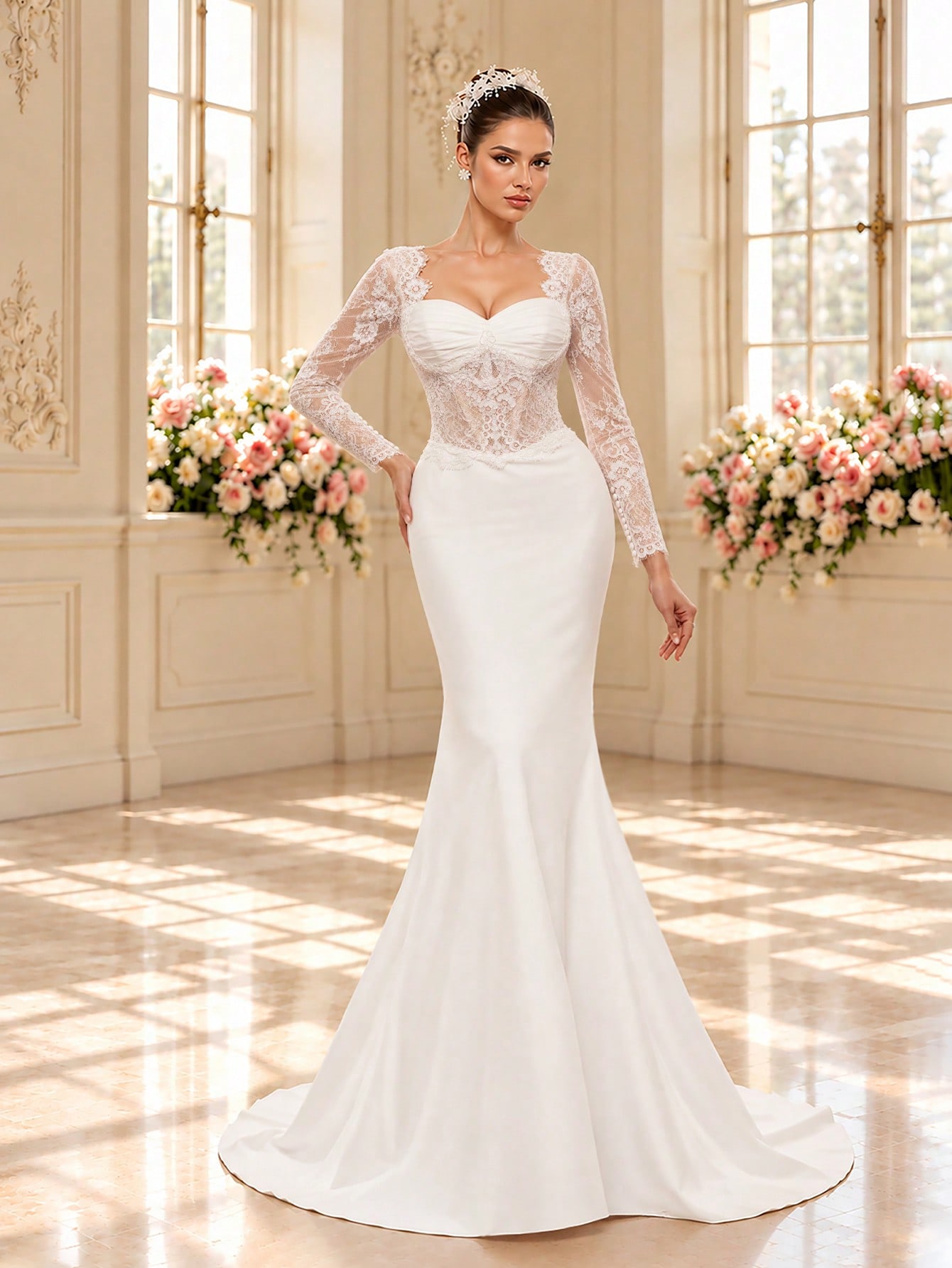 Robe de mariée de style palais de luxe en satin avec manches longues, col carré en — vue 7