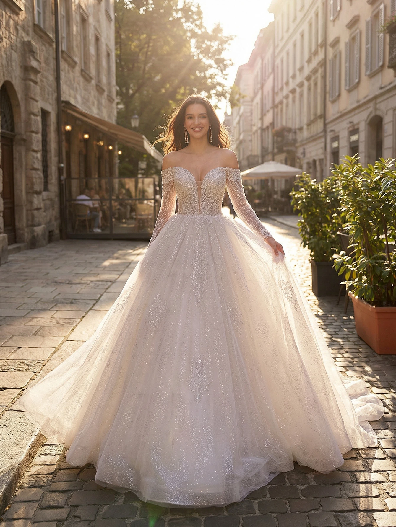 Robe de soirée longue élégante, robe de mariée à manches longues, col rond, tissu en