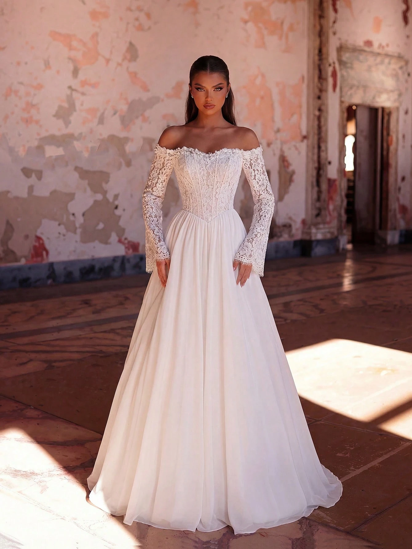 ADYCE Robe de bal élégante à épaules ouvertes, manches longues, taille marquée, dos nu,