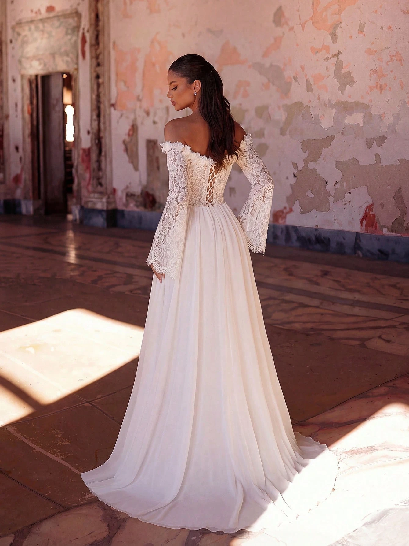 ADYCE Robe de bal élégante à épaules ouvertes, manches longues, taille marquée, dos nu, — vue 2
