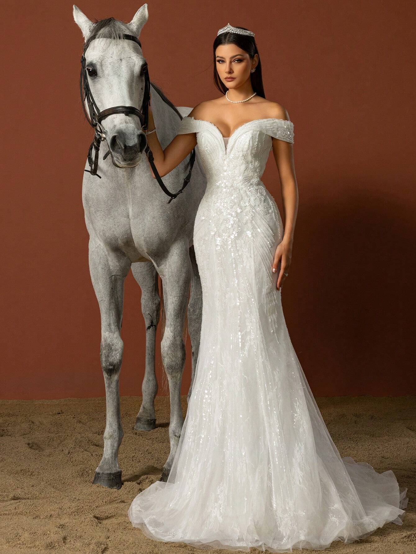 Robe de mariée romantique à épaules dénudées avec paillettes HEARBOBO, design élégant en