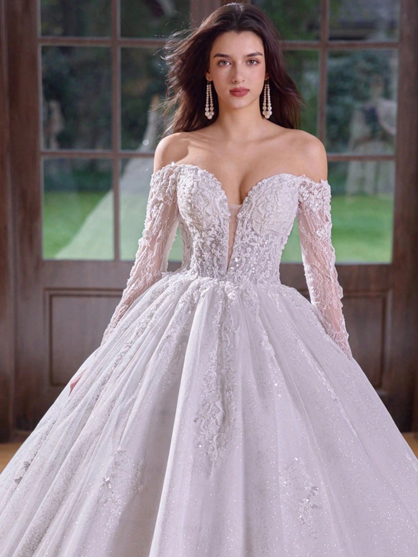 Robe de soirée longue élégante, robe de mariée à manches longues, col rond, tissu en — vue 4