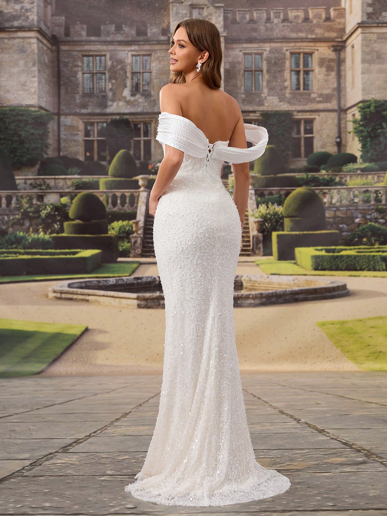 HEARBOBO Robe de mariée vintage élégante à épaules dénudées, dos nu, plissée avec fente — vue 3