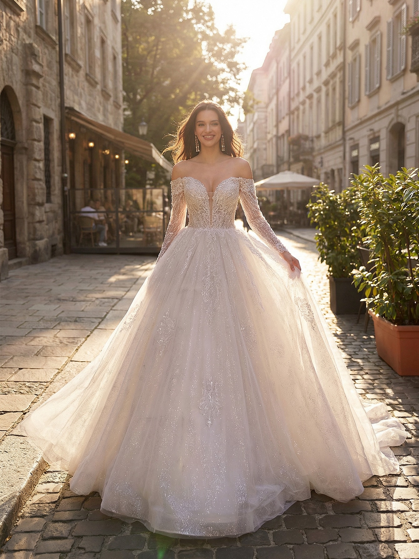 Robe de soirée longue élégante, robe de mariée à manches longues, col rond, tissu en — vue 7