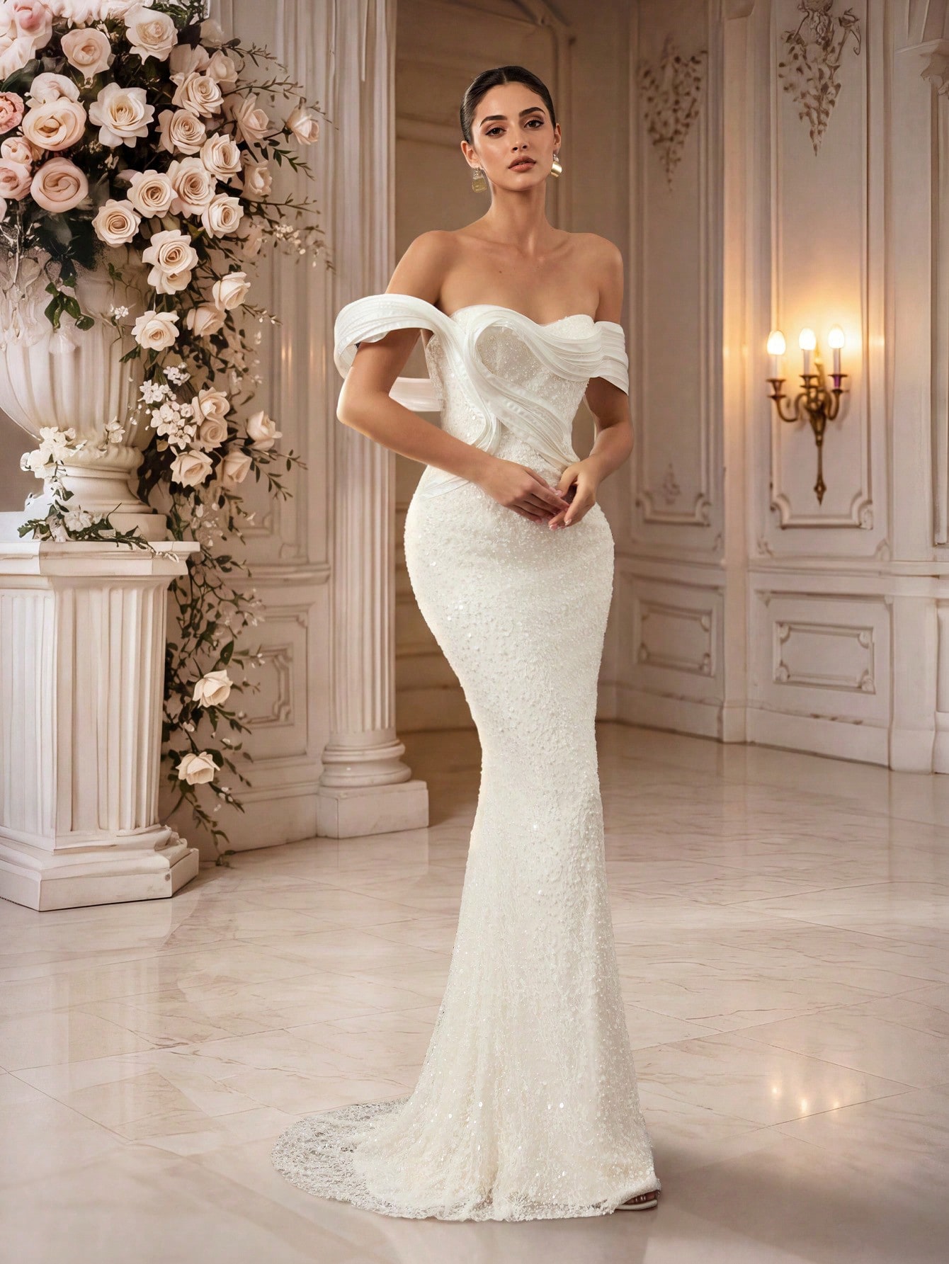HEARBOBO Robe de mariée vintage élégante à épaules dénudées, dos nu, plissée avec fente — vue 11