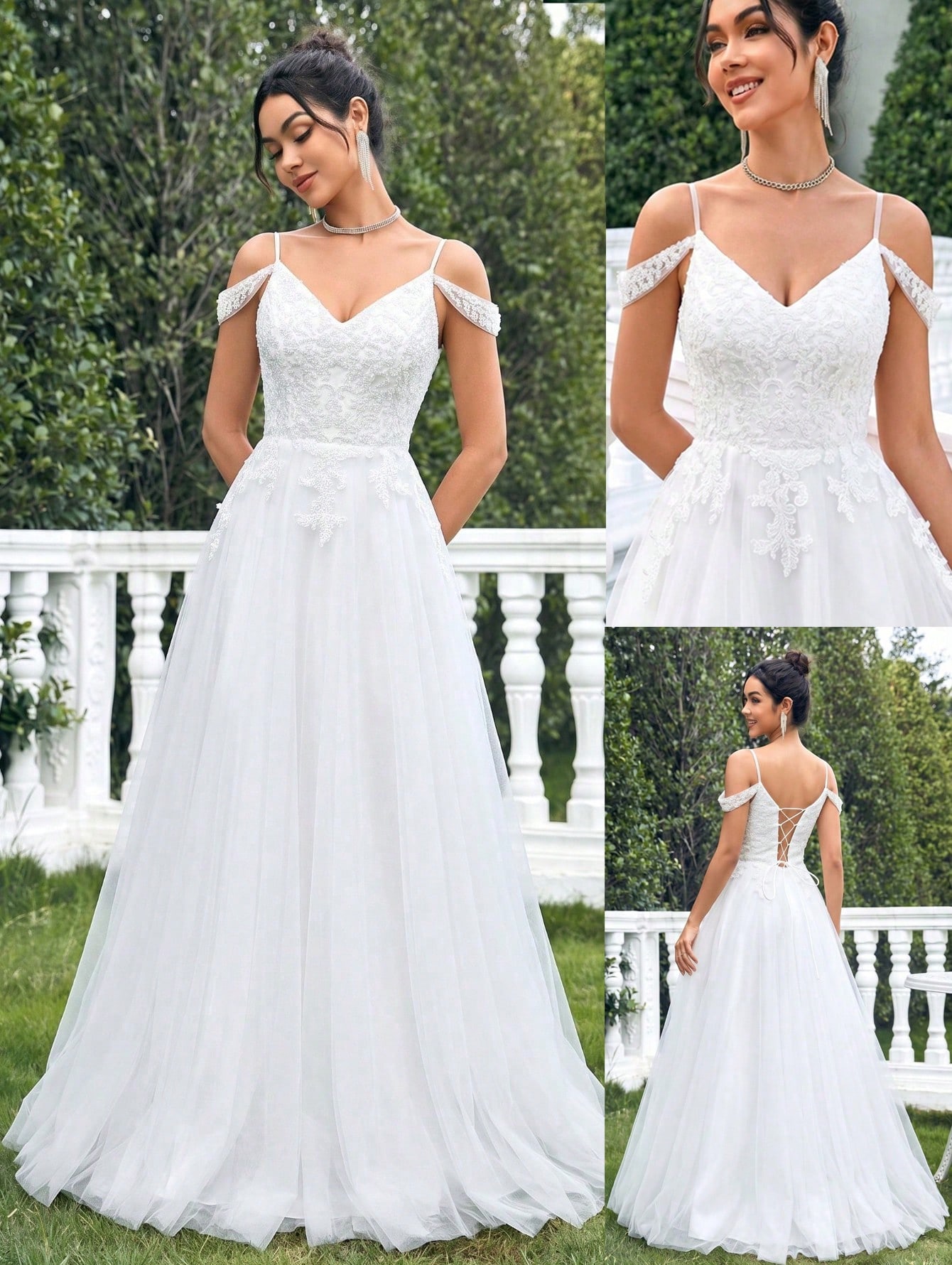 Robe de mariée blanche en tulle ligne A, manches épaules froides, dos lacé, dentelle