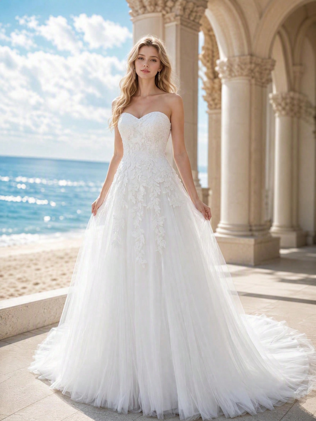 Robe de mariée longue élégante d'été avec encolure en forme de cœur sans bretelles, — vue 9