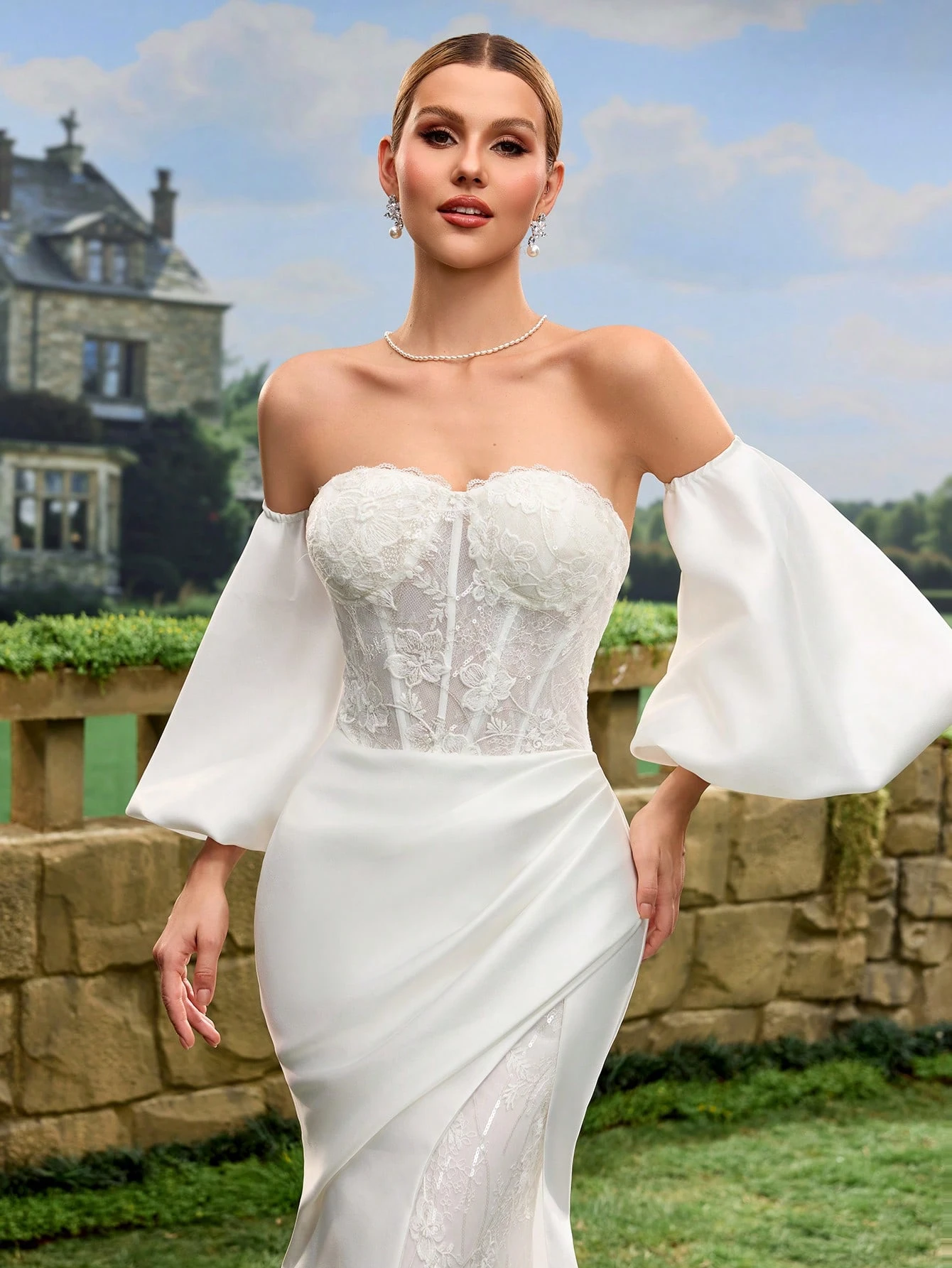 Dentelle, Satin, Épaules Dénudées, Lacets, Traîne, Robe Sirène, Mariage à l'Église, — vue 5