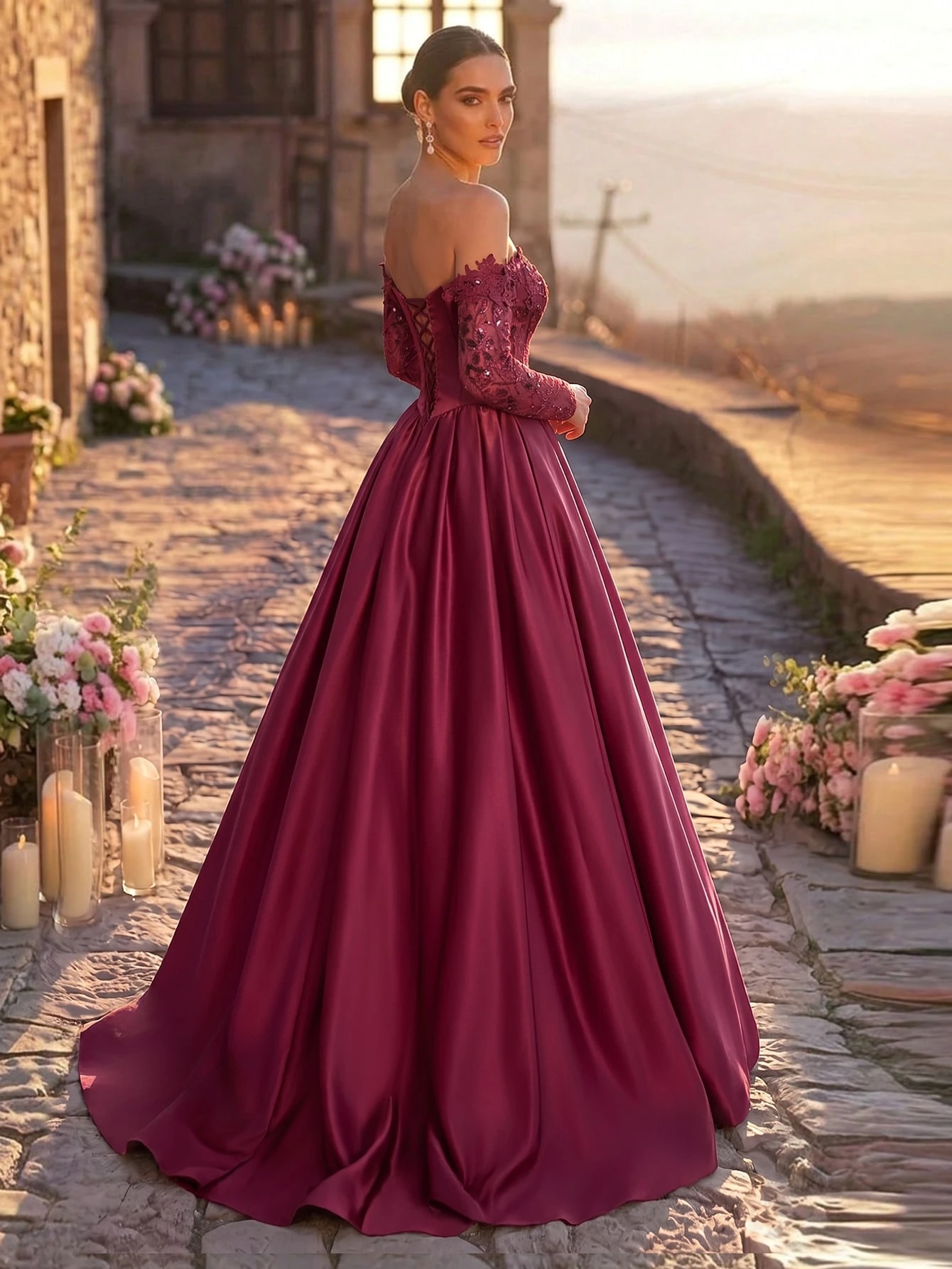 Glamrae Élégante Robe Formelle Chic Luxueuse Brodée Dentelle Paillettes Florales Épaules — vue 3