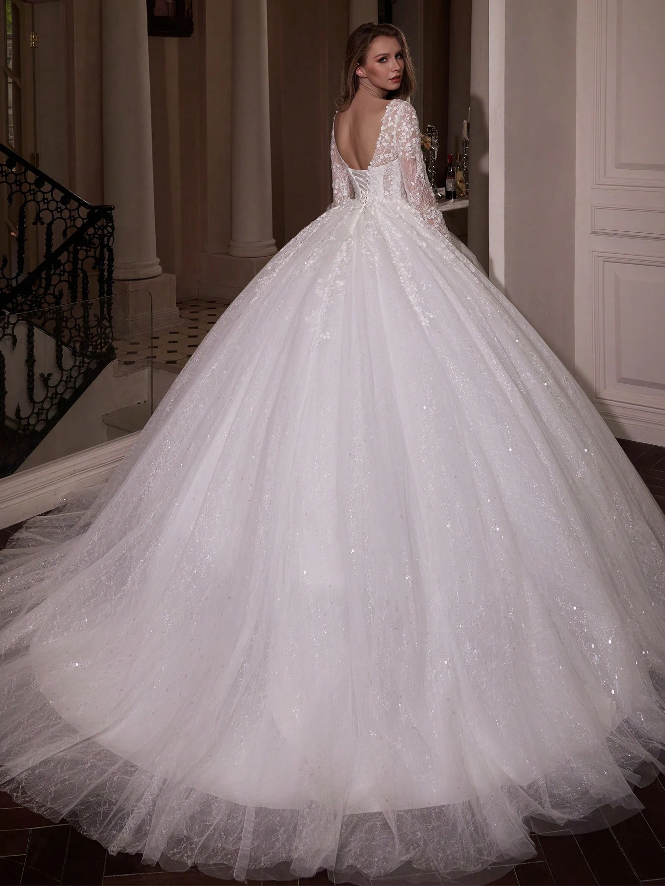 Elasola Robe de soirée longue élégante, robe de mariée avec manches longues, col rond, — vue 4