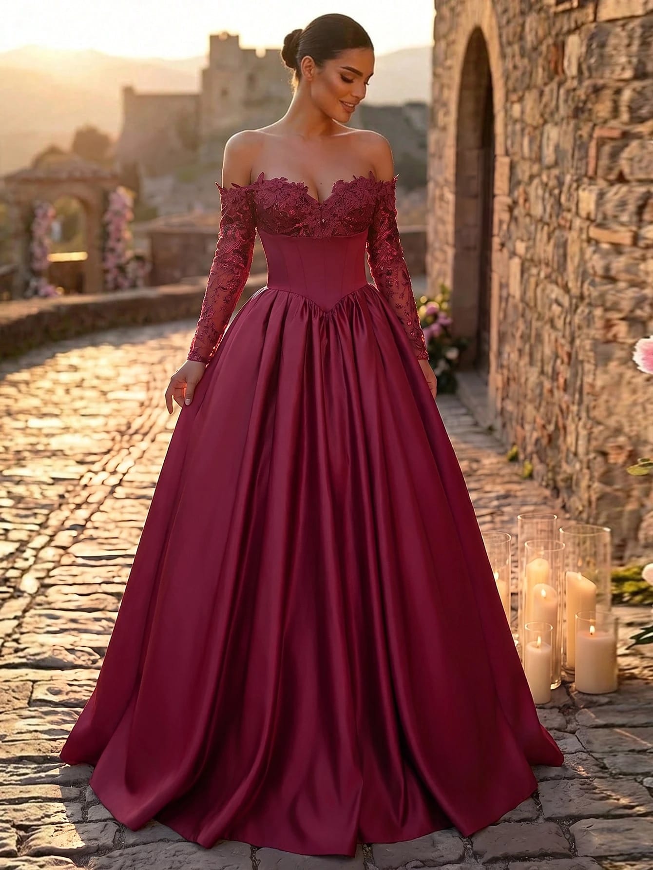 Glamrae Élégante Robe Formelle Chic Luxueuse Brodée Dentelle Paillettes Florales Épaules