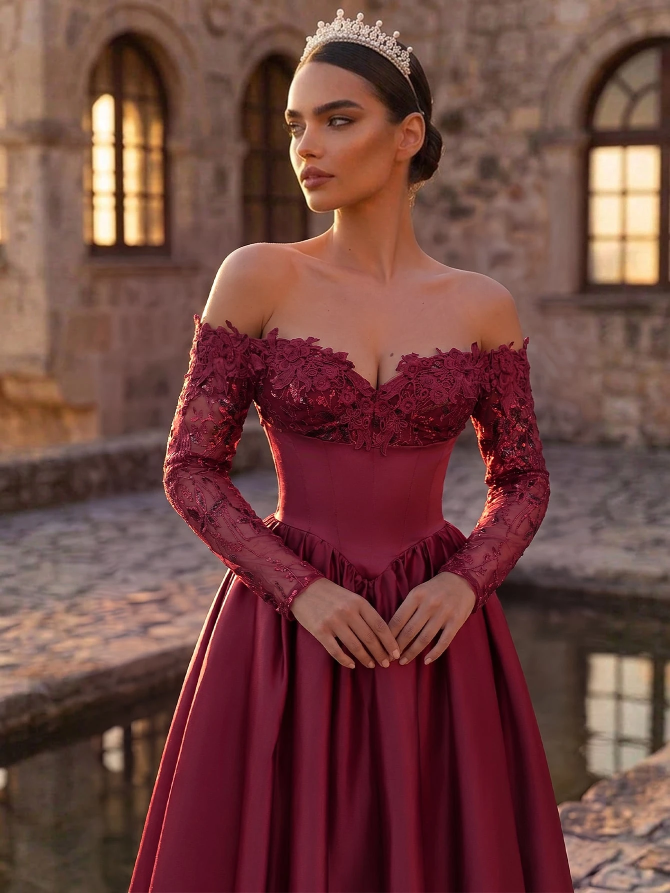 Glamrae Élégante Robe Formelle Chic Luxueuse Brodée Dentelle Paillettes Florales Épaules — vue 5