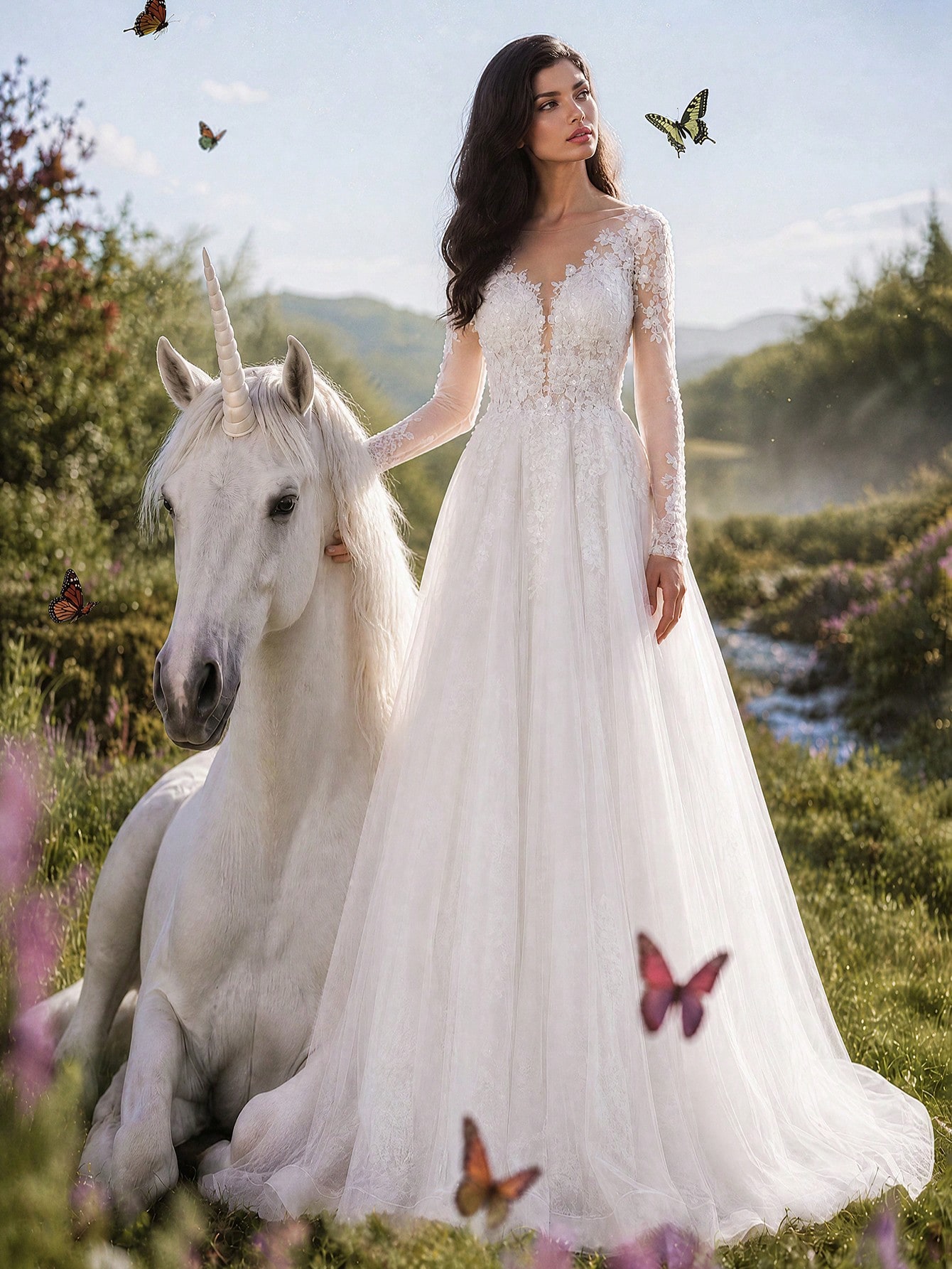 HEARBOBO Robe de mariée blanche élégante et longue avec manches longues en dentelle et — vue 5
