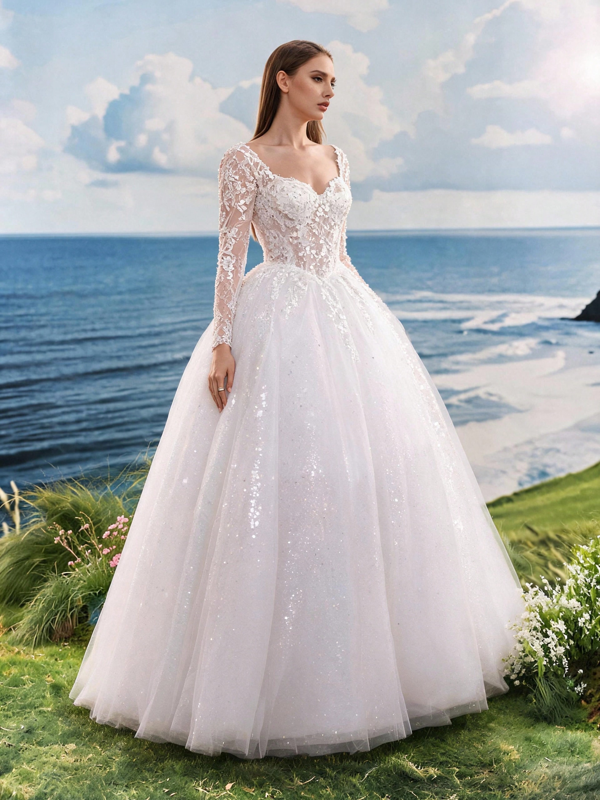 Elasola Robe de soirée longue élégante, robe de mariée avec manches longues, col rond, — vue 8