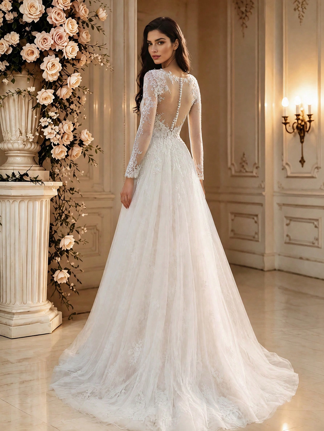 HEARBOBO Robe de mariée blanche élégante et longue avec manches longues en dentelle et — vue 12
