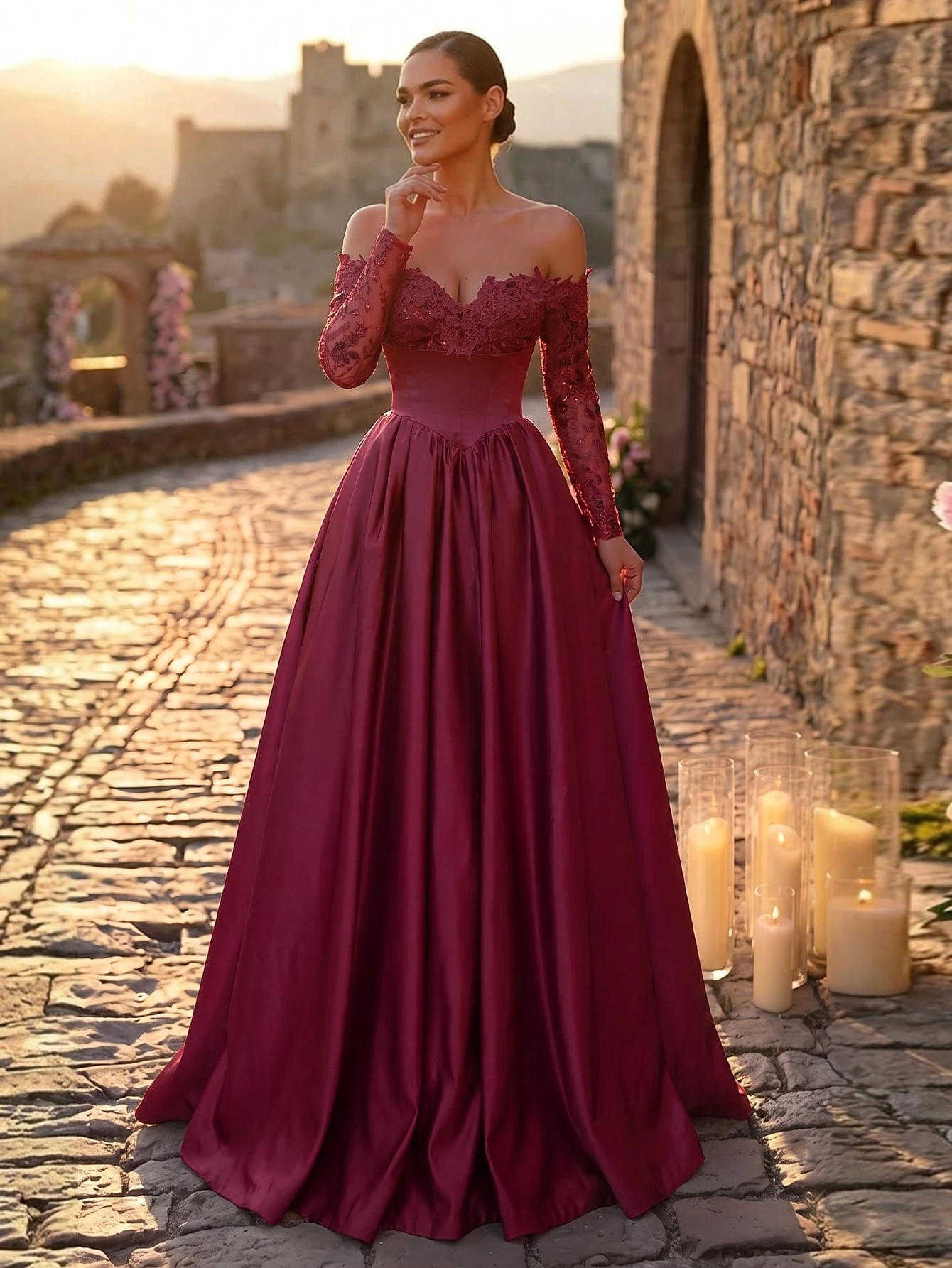 Glamrae Élégante Robe Formelle Chic Luxueuse Brodée Dentelle Paillettes Florales Épaules — vue 11