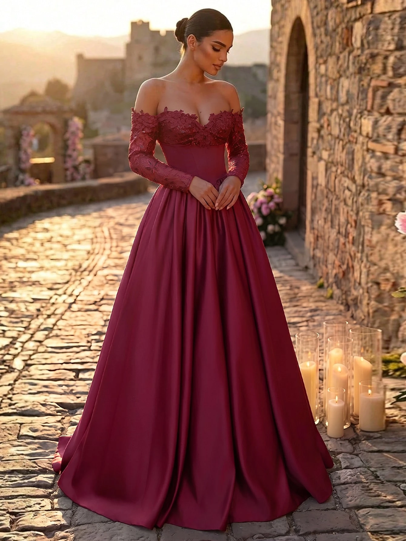 Glamrae Élégante Robe Formelle Chic Luxueuse Brodée Dentelle Paillettes Florales Épaules — vue 9