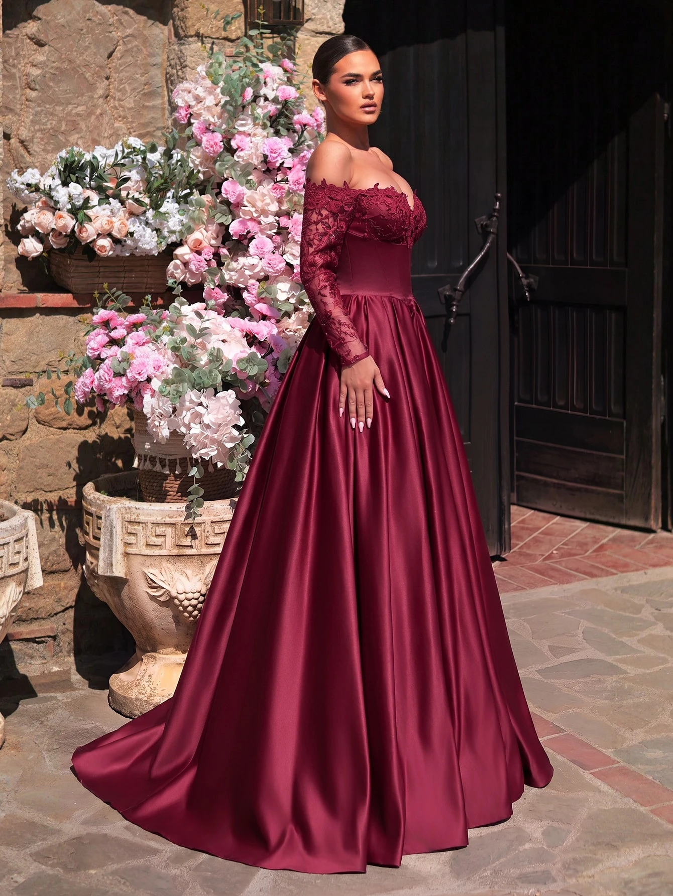 Glamrae Élégante Robe Formelle Chic Luxueuse Brodée Dentelle Paillettes Florales Épaules — vue 7