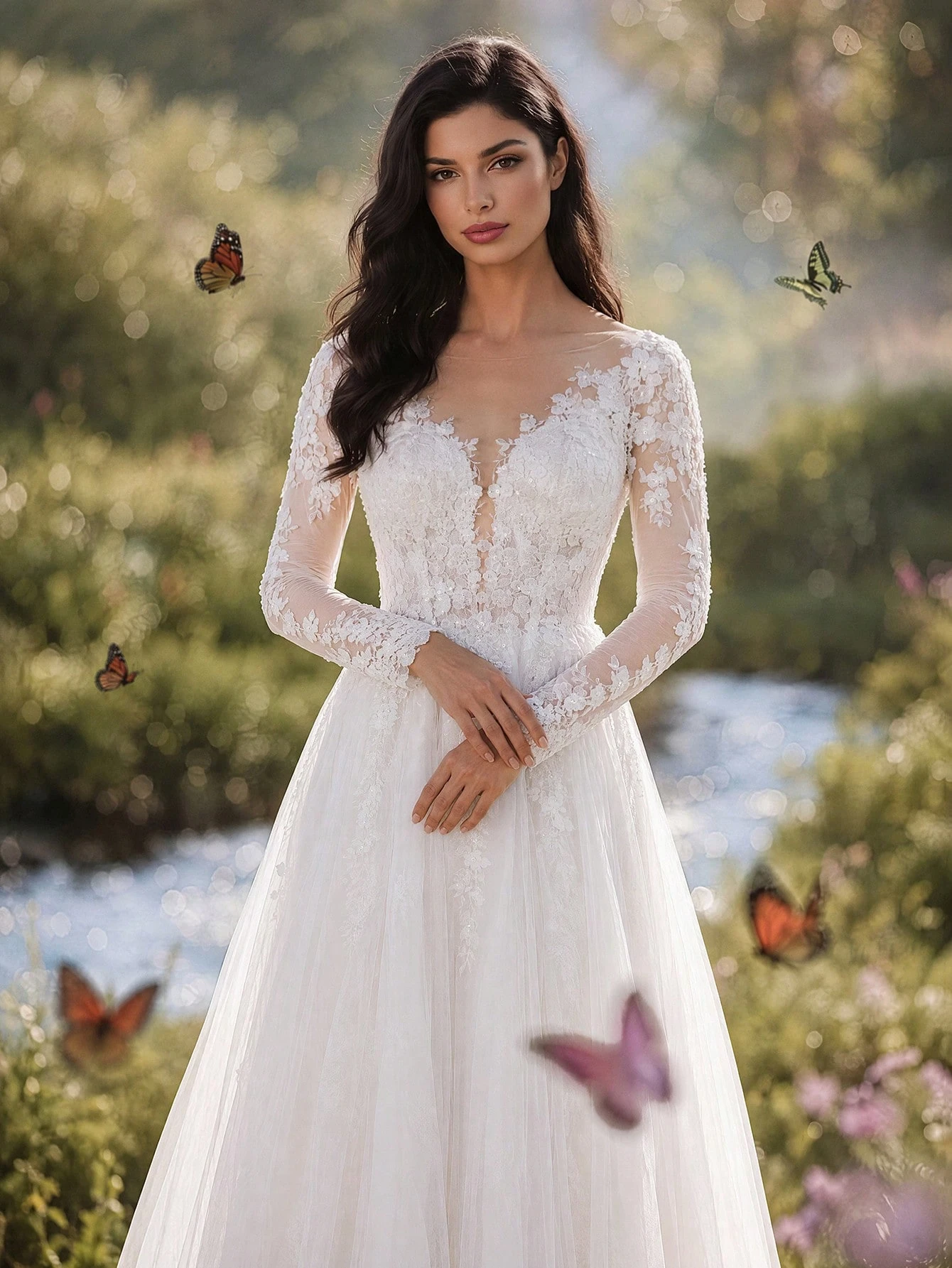 HEARBOBO Robe de mariée blanche élégante et longue avec manches longues en dentelle et — vue 8