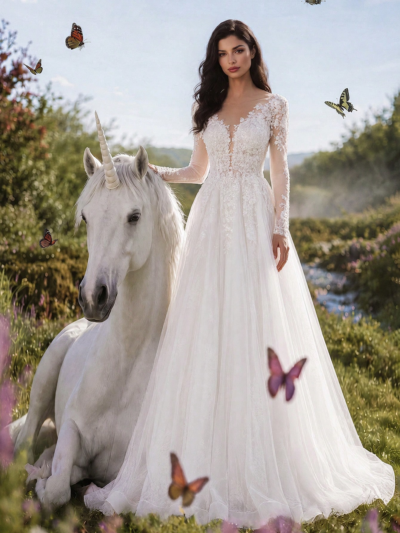HEARBOBO Robe de mariée blanche élégante et longue avec manches longues en dentelle et — vue 7