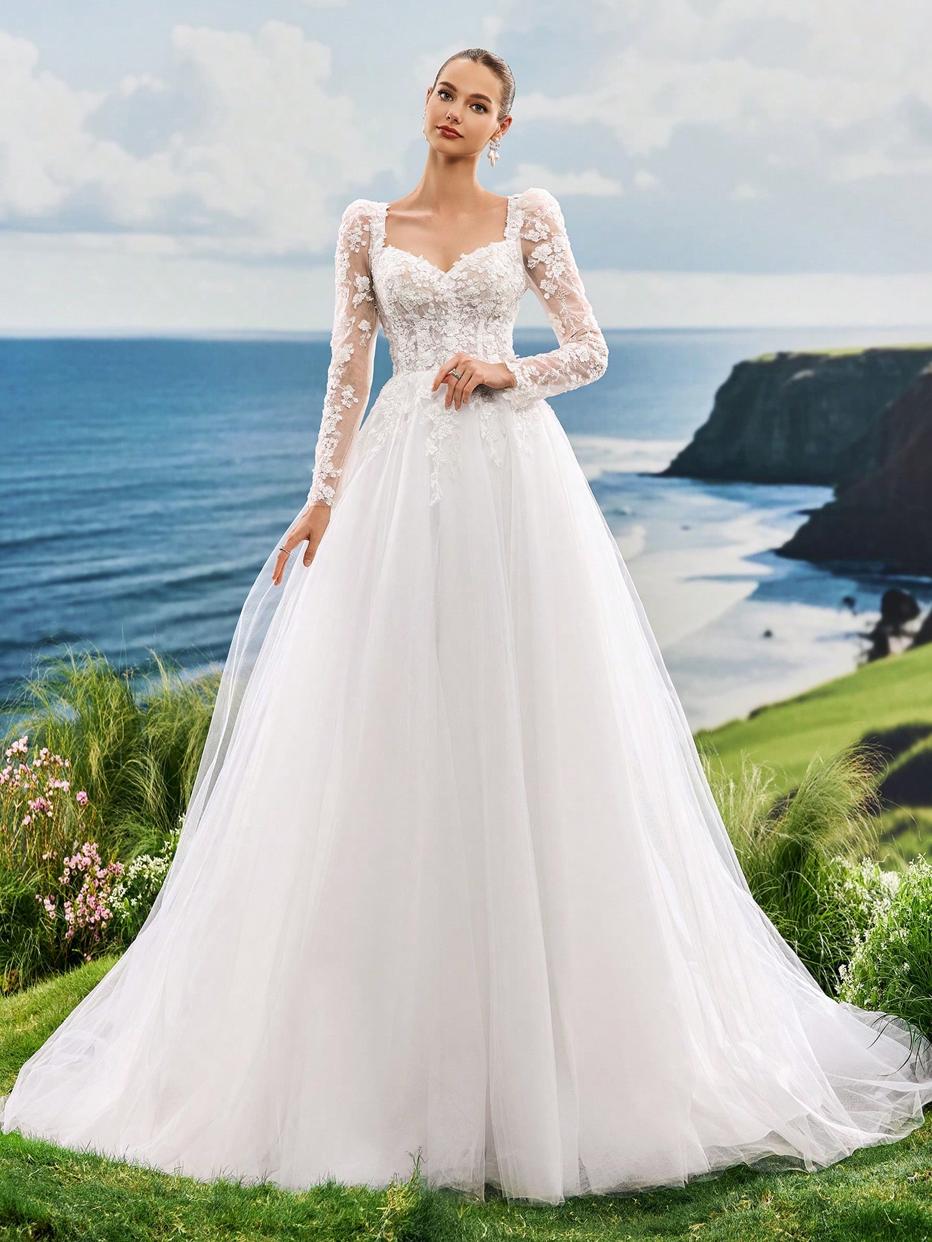 Manches longues, Dentelle, Fleurs 3D, Col en V, Traîne, Robe trapèze, Mariage à l'église, — vue 9