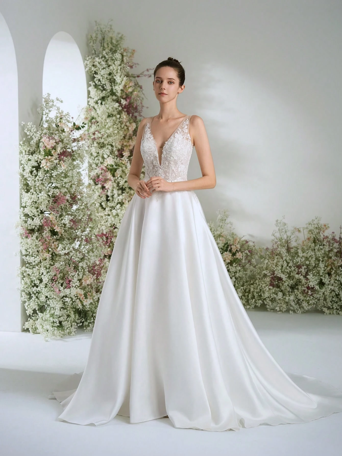 Dentelle, Satin, Col en V, Lacets, Traîne, Robe Trapèze, Mariage à l'église, Mariage au — vue 10