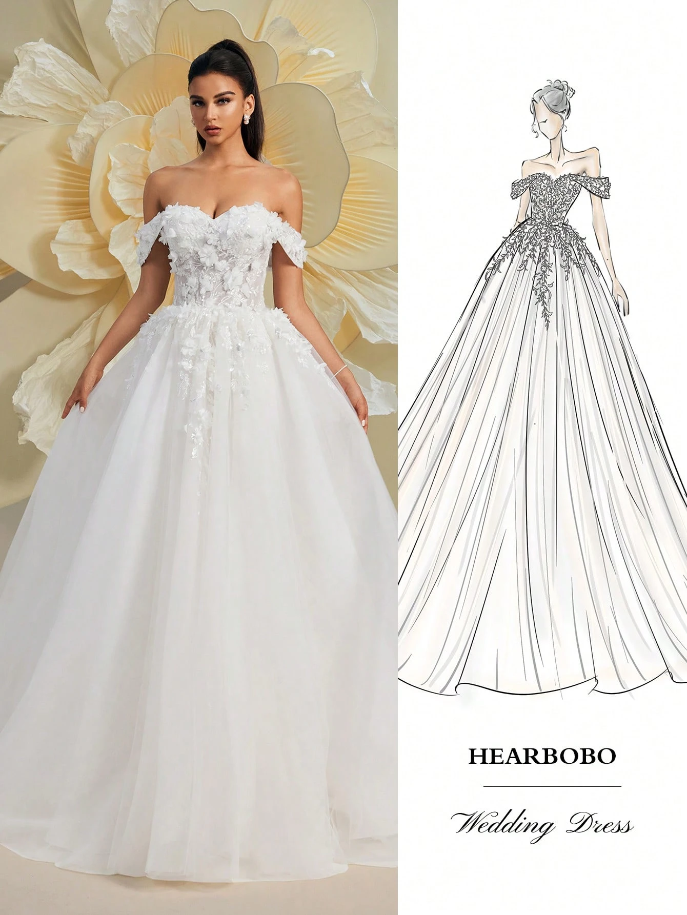 HEARBOBO Robe Bouffante Fée de la Forêt Épaules Dénudées Romantique Dentelle Florale