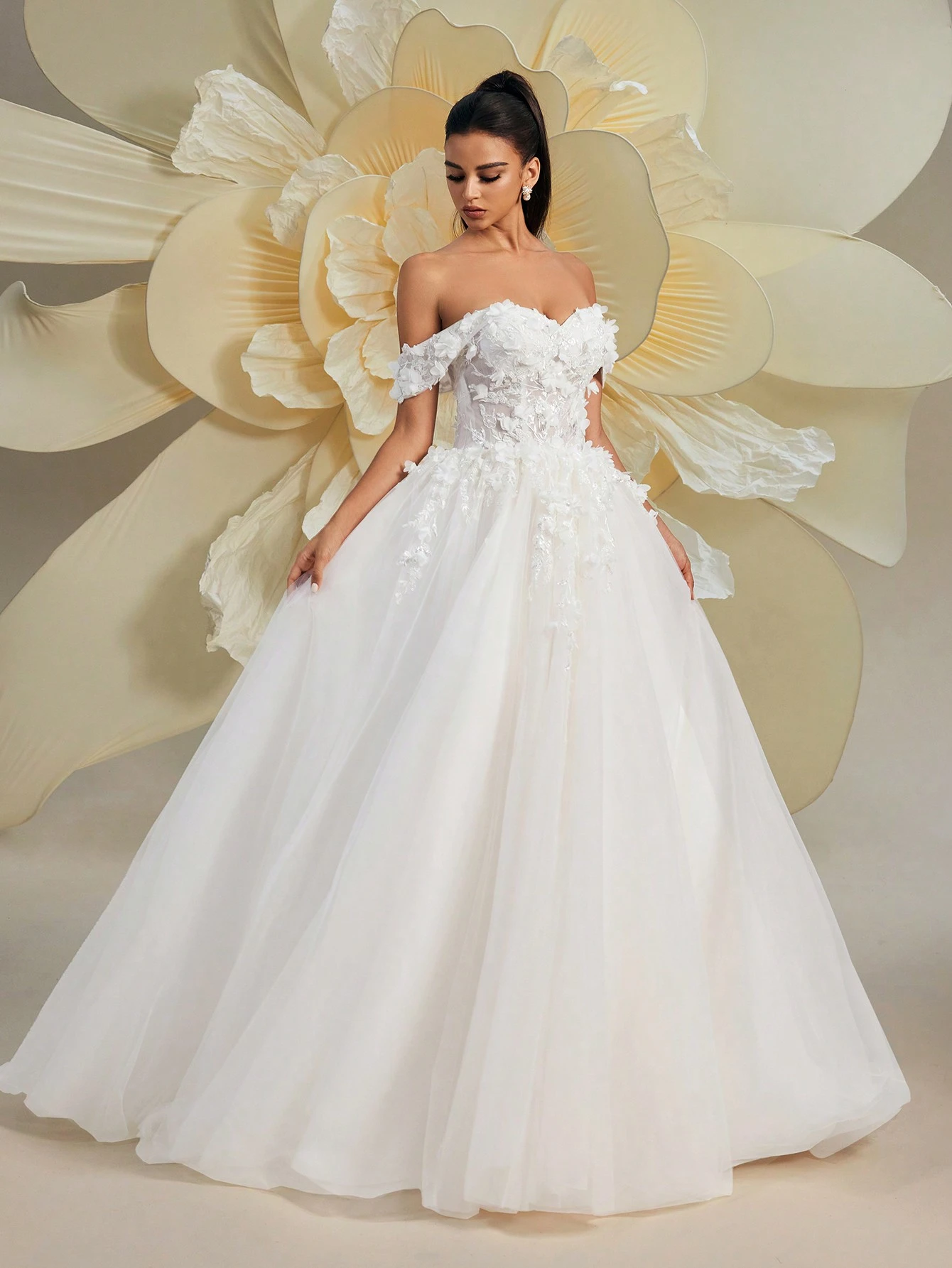 HEARBOBO Robe Bouffante Fée de la Forêt Épaules Dénudées Romantique Dentelle Florale — vue 4