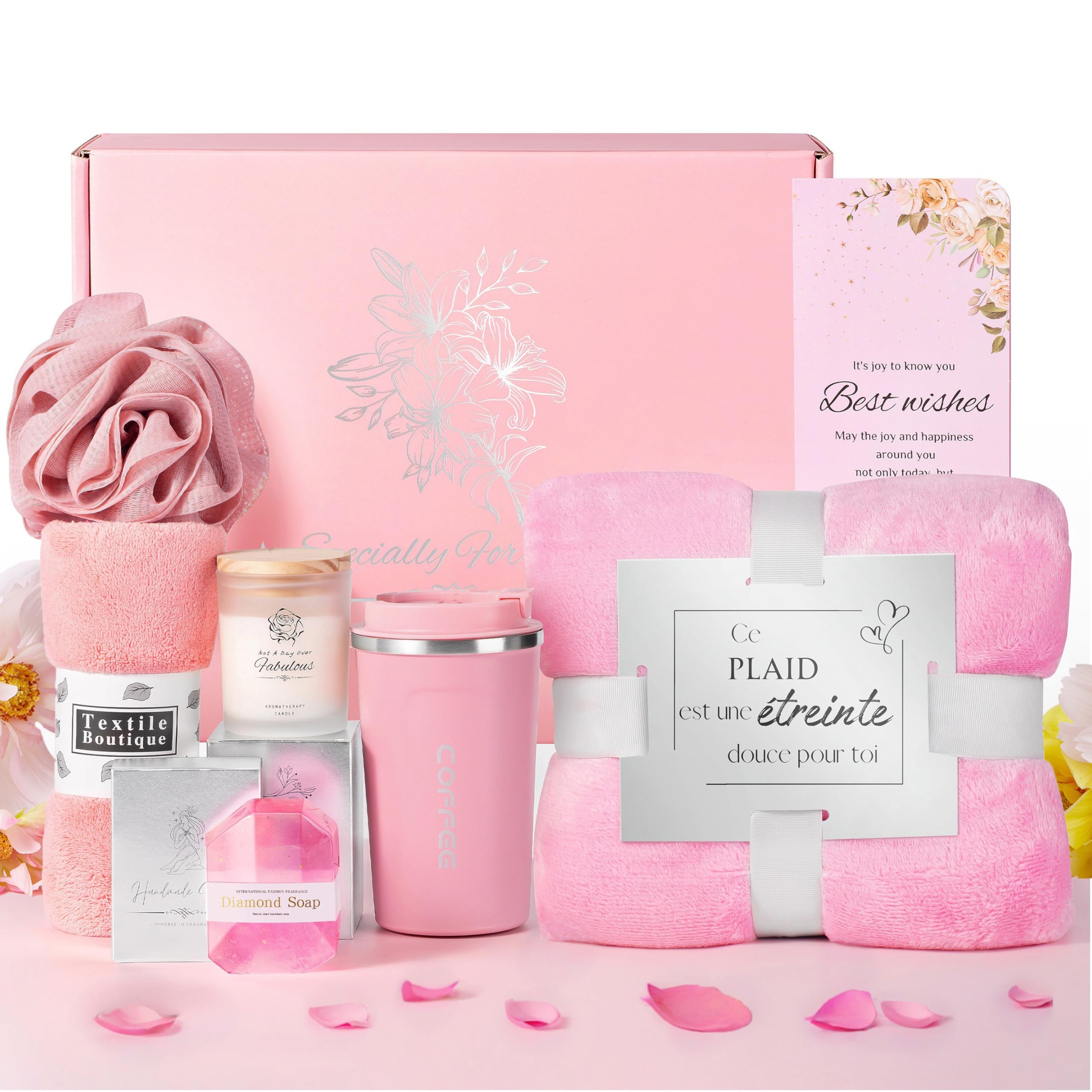 Coffret Cadeau Femme Bien-Être – Plaid Doux, Mug Isotherme, Bougie Parfumée, Savon Rose,