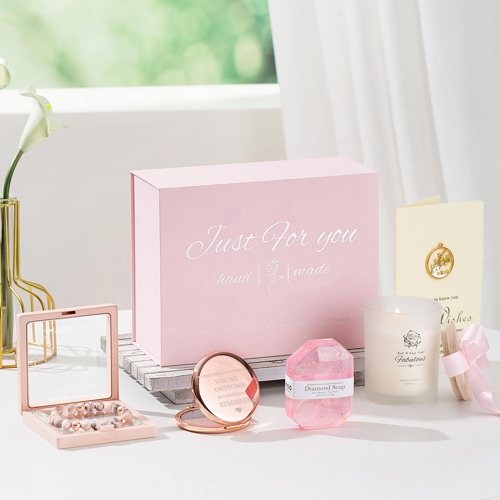 Coffret Cadeau Luxe pour Femme - Bougie Parfumée 350g, Bracelet Lave & Jaspe, Savon Rose — vue 2