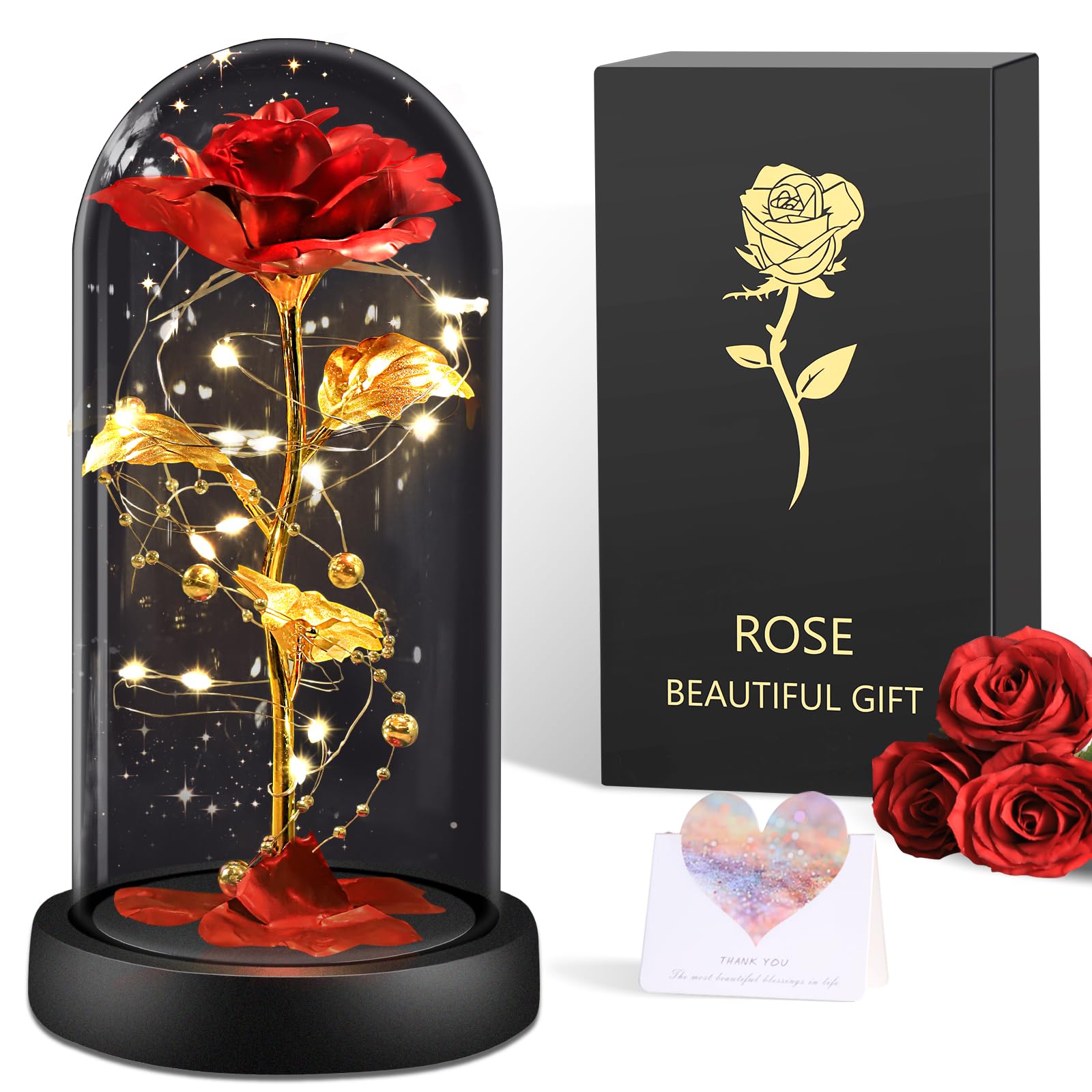 BOLEi Rose Eternelle Cadeau Femme, Rose Rouge LED(Rose Rouge Classique)