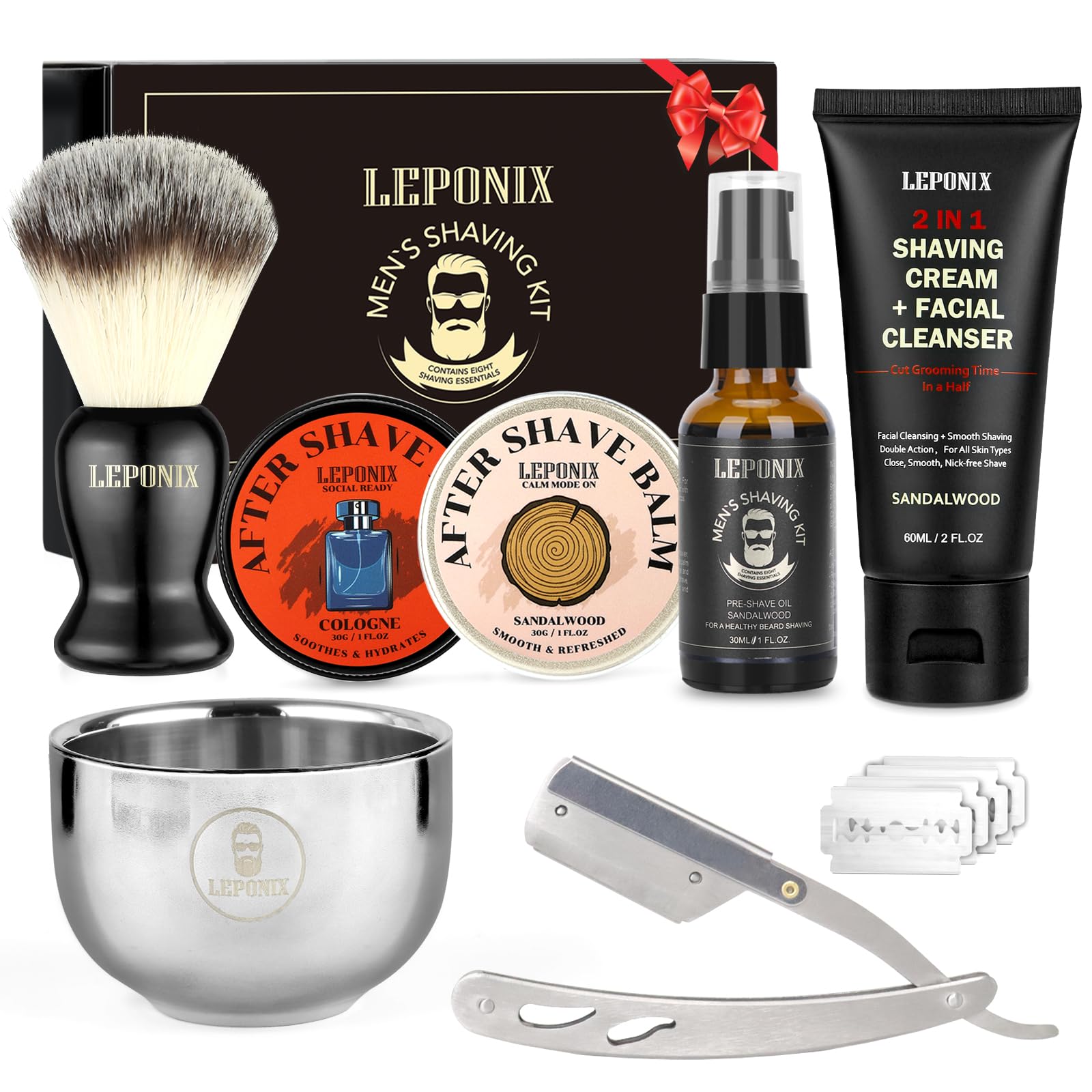 Coffret Rasage Homme avec Rasoir Droit, Pinceau et Bol à Raser