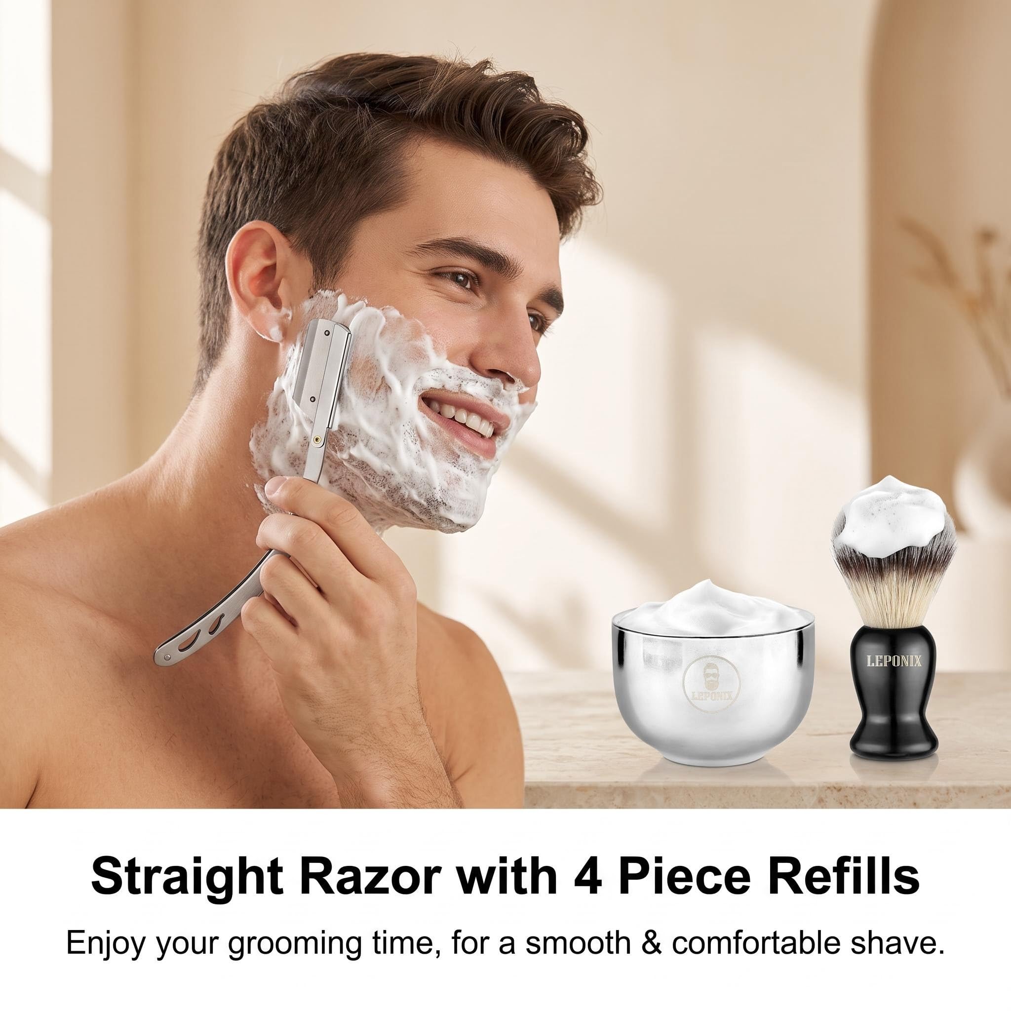 Coffret Rasage Homme avec Rasoir Droit, Pinceau et Bol à Raser — vue 6
