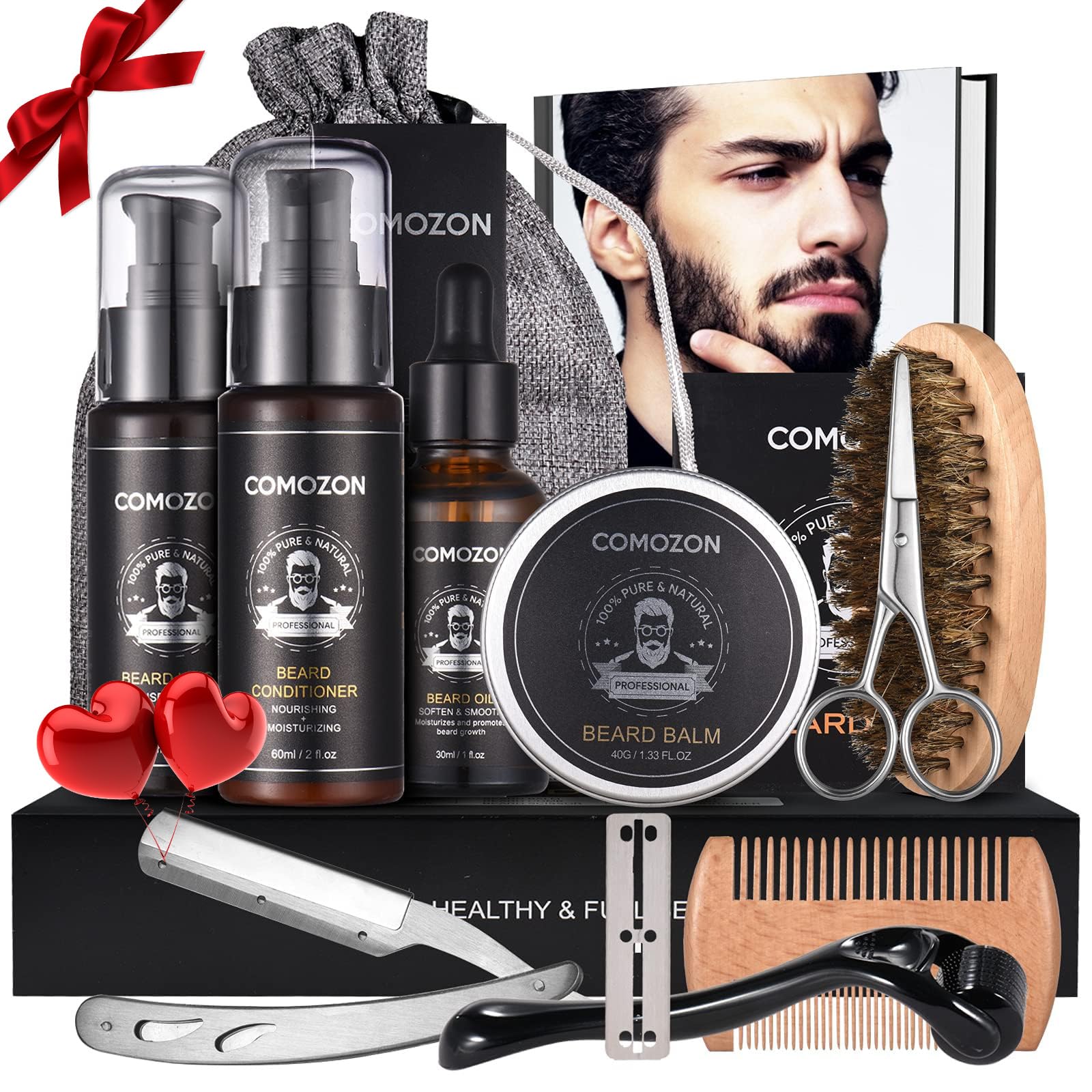 Comozon Kit Barbe Homme Complet 12 en 1, Rasoir, Rouleau Barbe, Lames Barbe