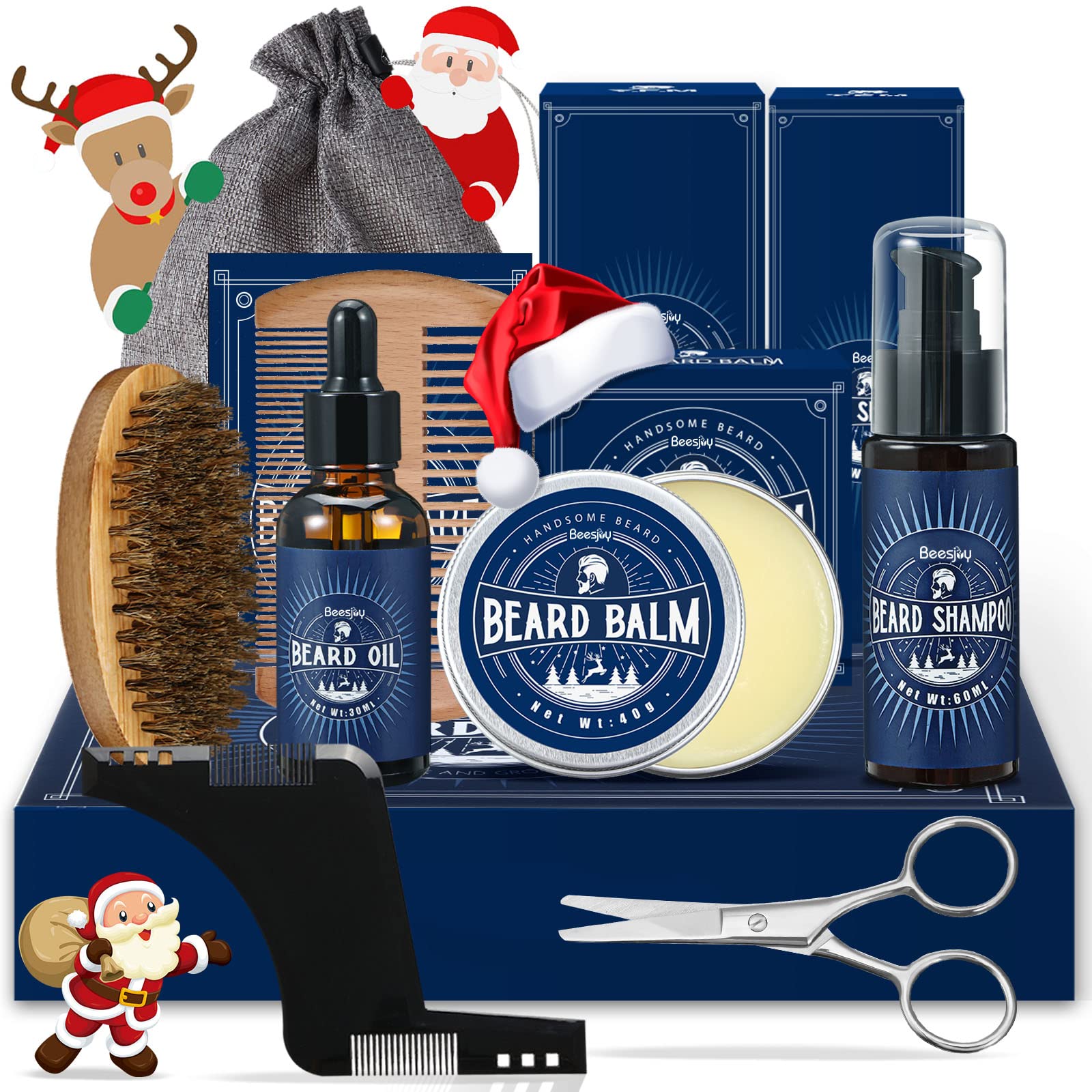 Beesjuy Coffret Barbe Homme 11-en-1 Huile Crème Shampoing Brosse Ciseaux