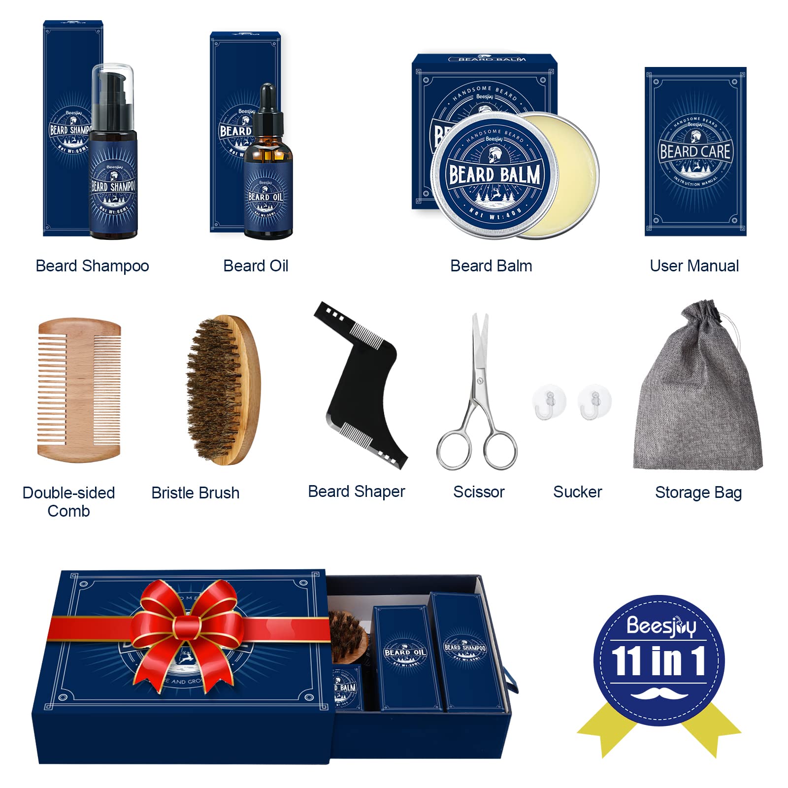 Beesjuy Coffret Barbe Homme 11-en-1 Huile Crème Shampoing Brosse Ciseaux — vue 2