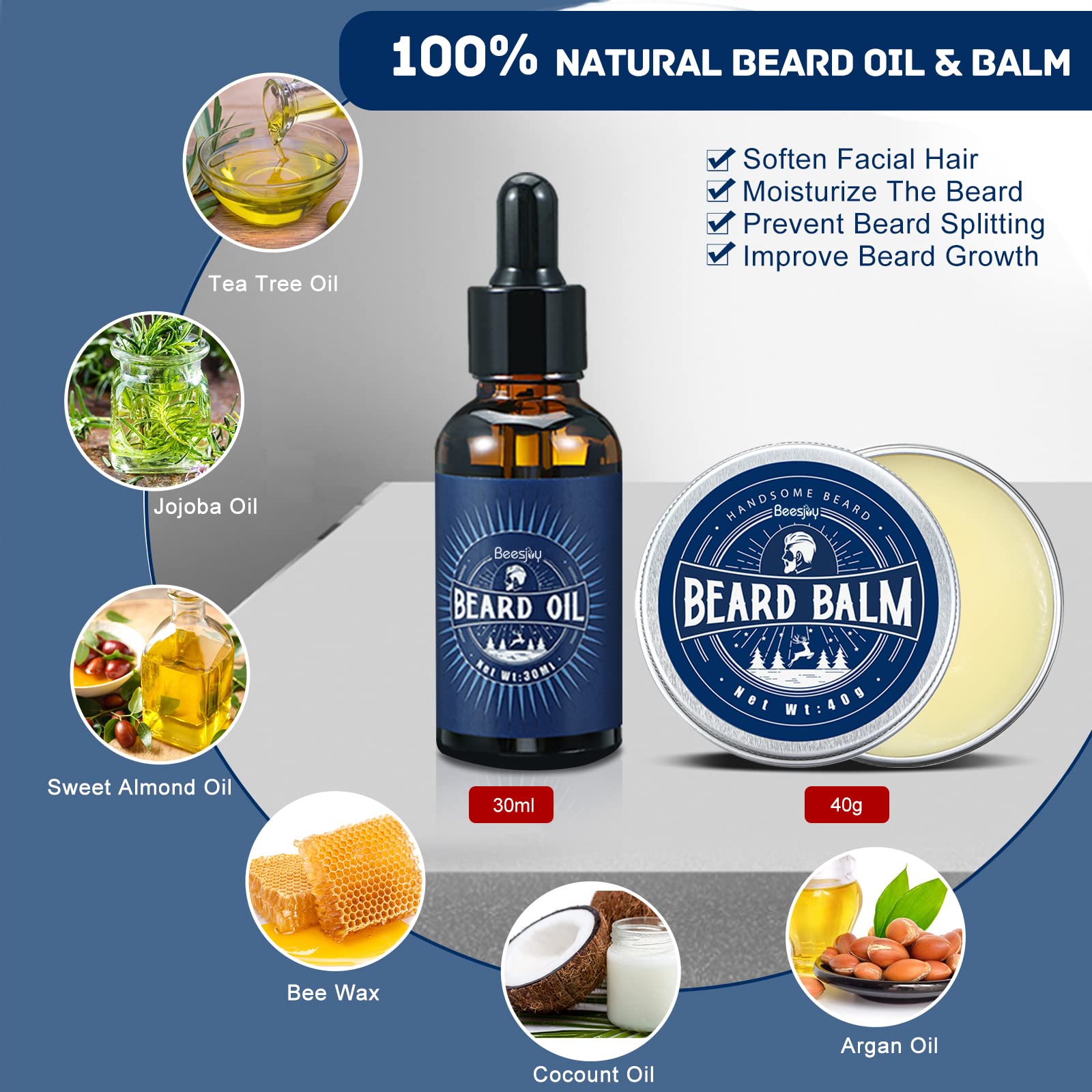 Beesjuy Coffret Barbe Homme 11-en-1 Huile Crème Shampoing Brosse Ciseaux — vue 3