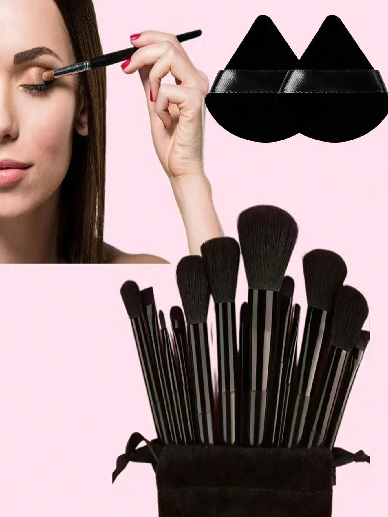 Ensemble de 15 pinceaux de maquillage, comprenant 2 tampons de poudre triangulaires — vue 8
