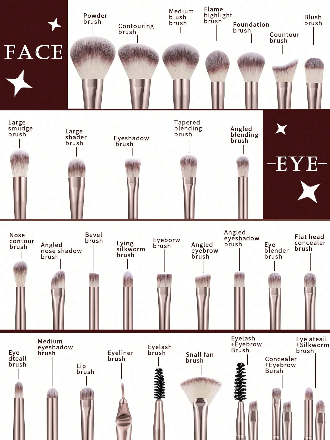 Pinceaux de maquillage, pinceau à ombre à paupières, pinceau à sourcils, pinceau à fond — vue 3